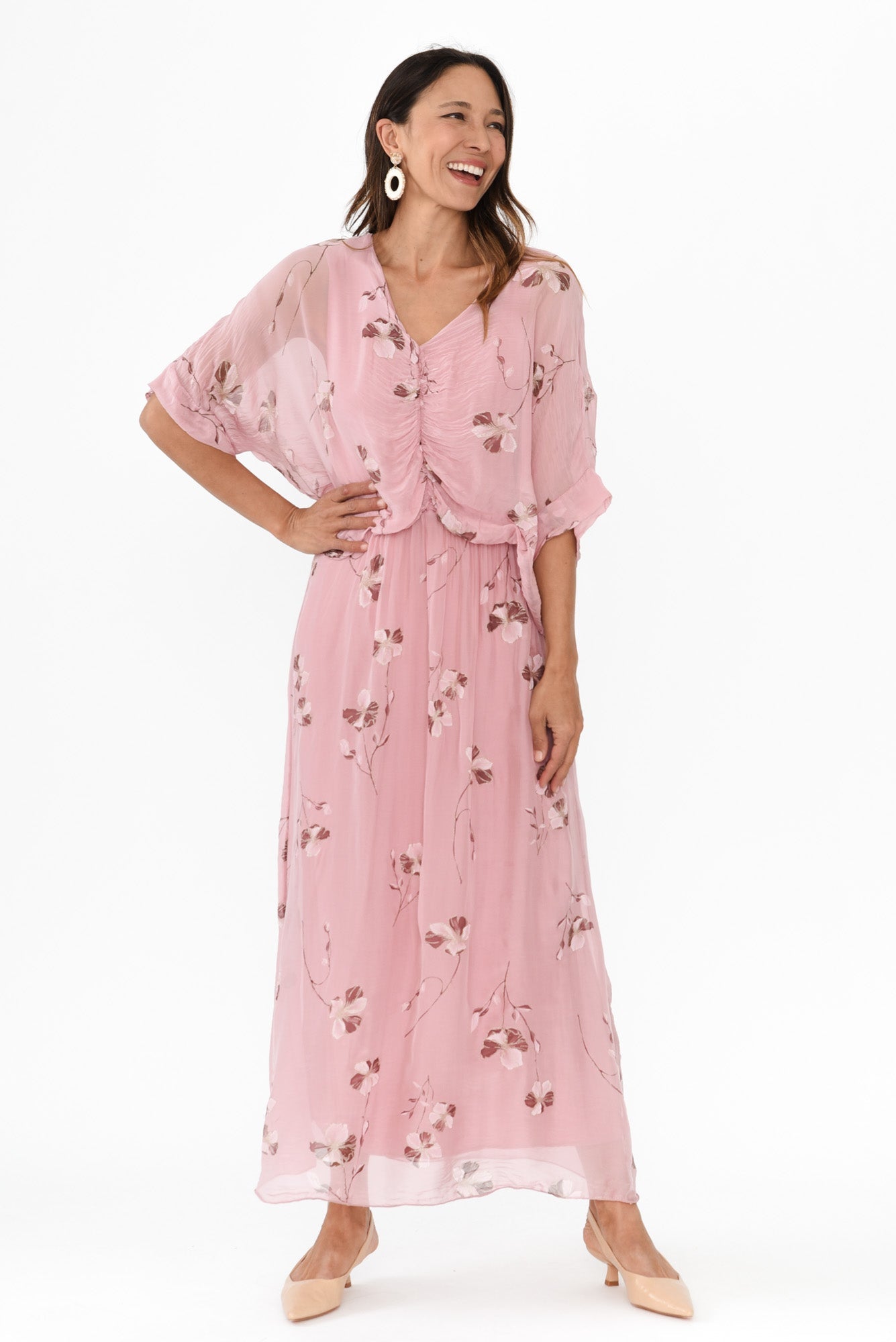 Kerry Pink Floral Silk Gathered Dress