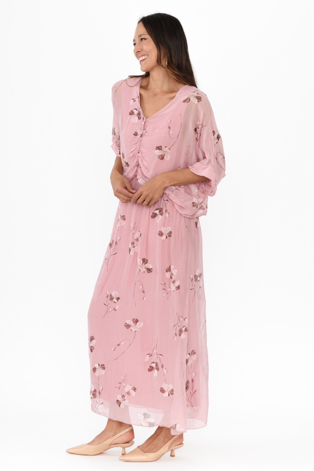 Kerry Pink Floral Silk Gathered Dress