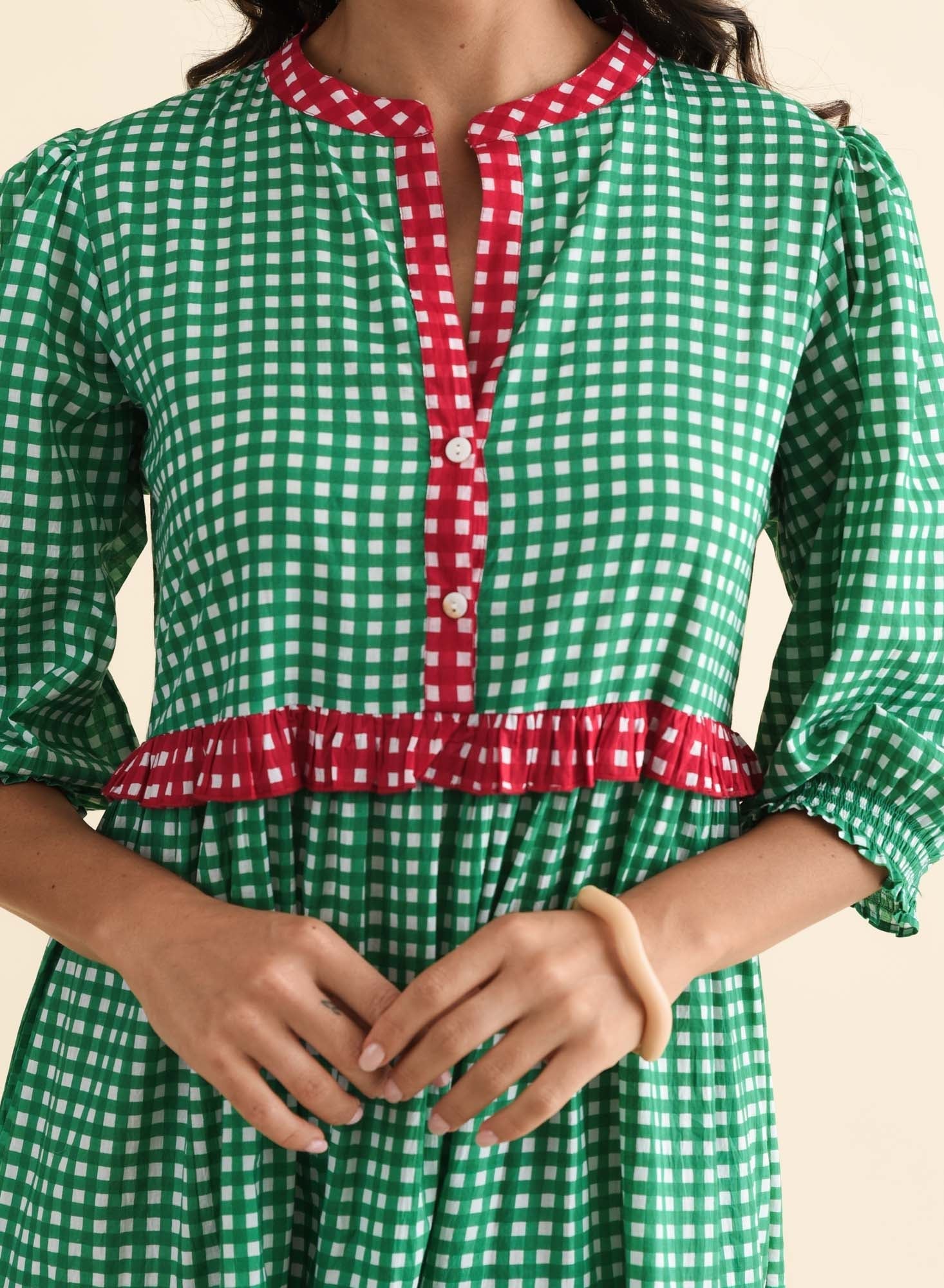 Kesia Green Spot Cotton Tier Dress