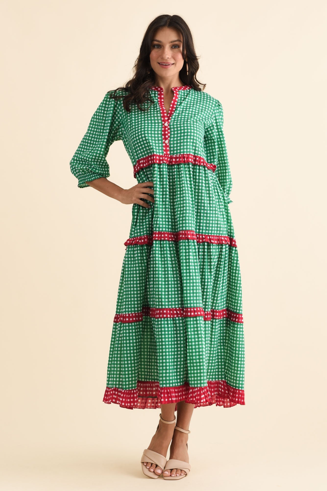 Kesia Green Spot Cotton Tier Dress