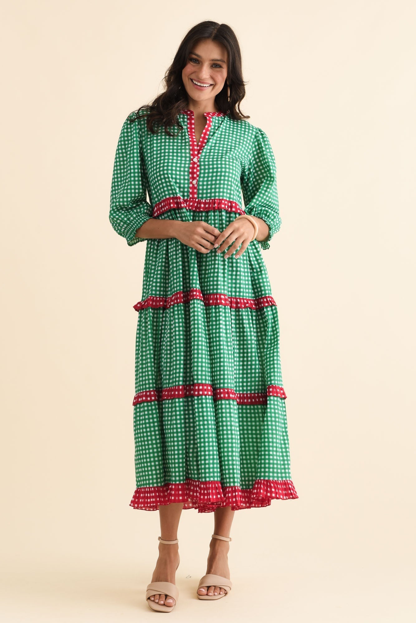 Kesia Green Spot Cotton Tier Dress