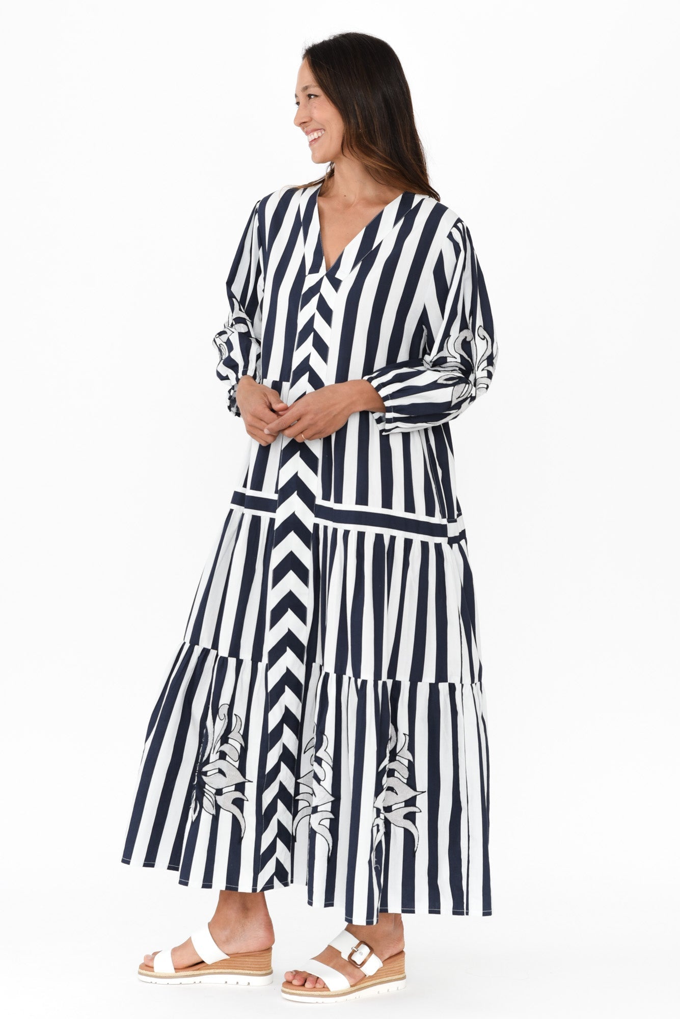 Kora Navy Stripe Cotton Poplin Tie Dress