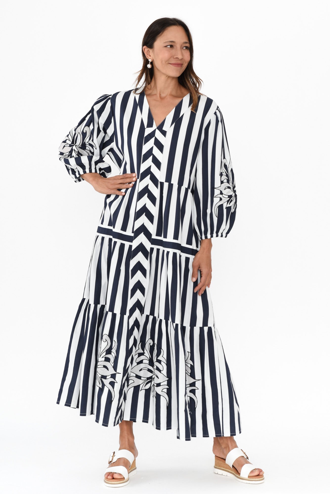 Kora Navy Stripe Cotton Poplin Tie Dress