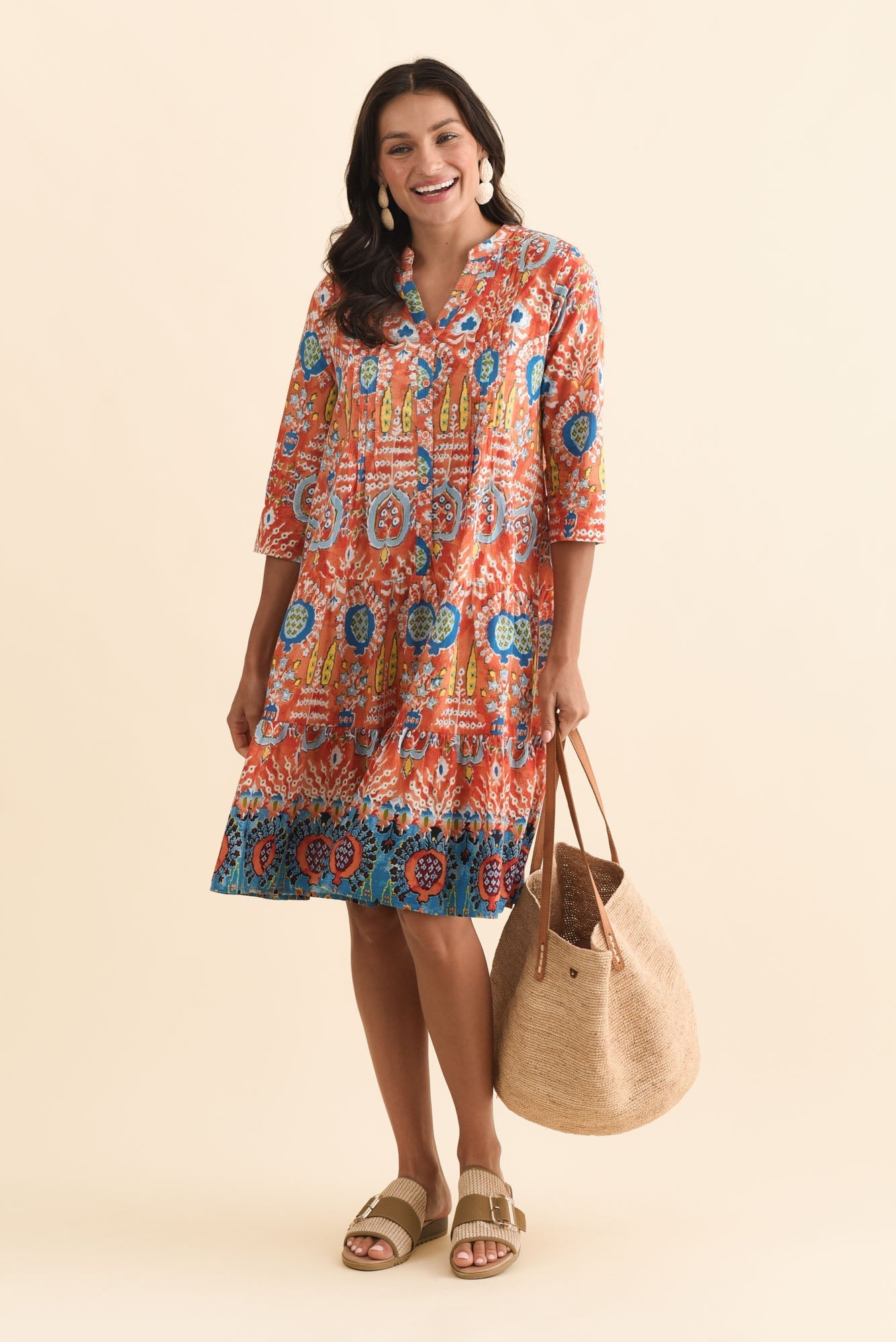 Larissa Orange Motif Cotton Pleated Dress