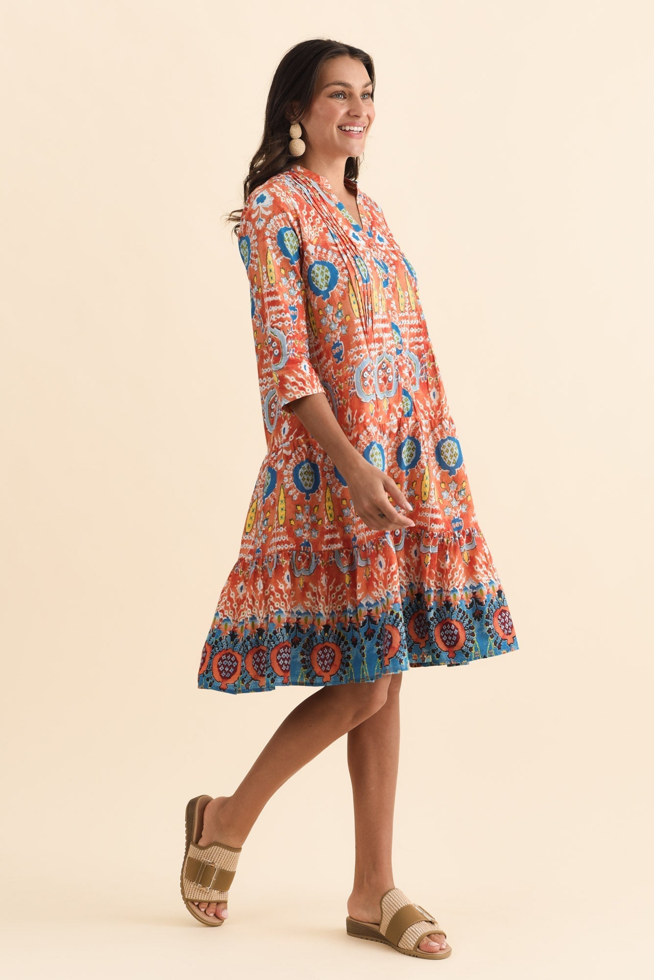 Larissa Orange Motif Cotton Pleated Dress
