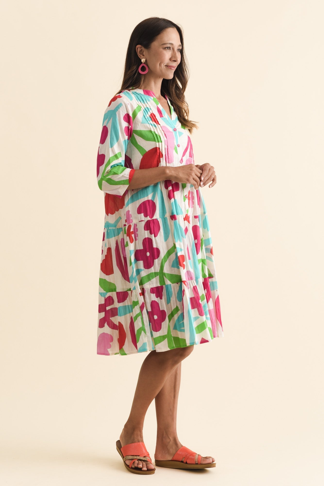 Larissa White Flower Cotton Pleated Dress