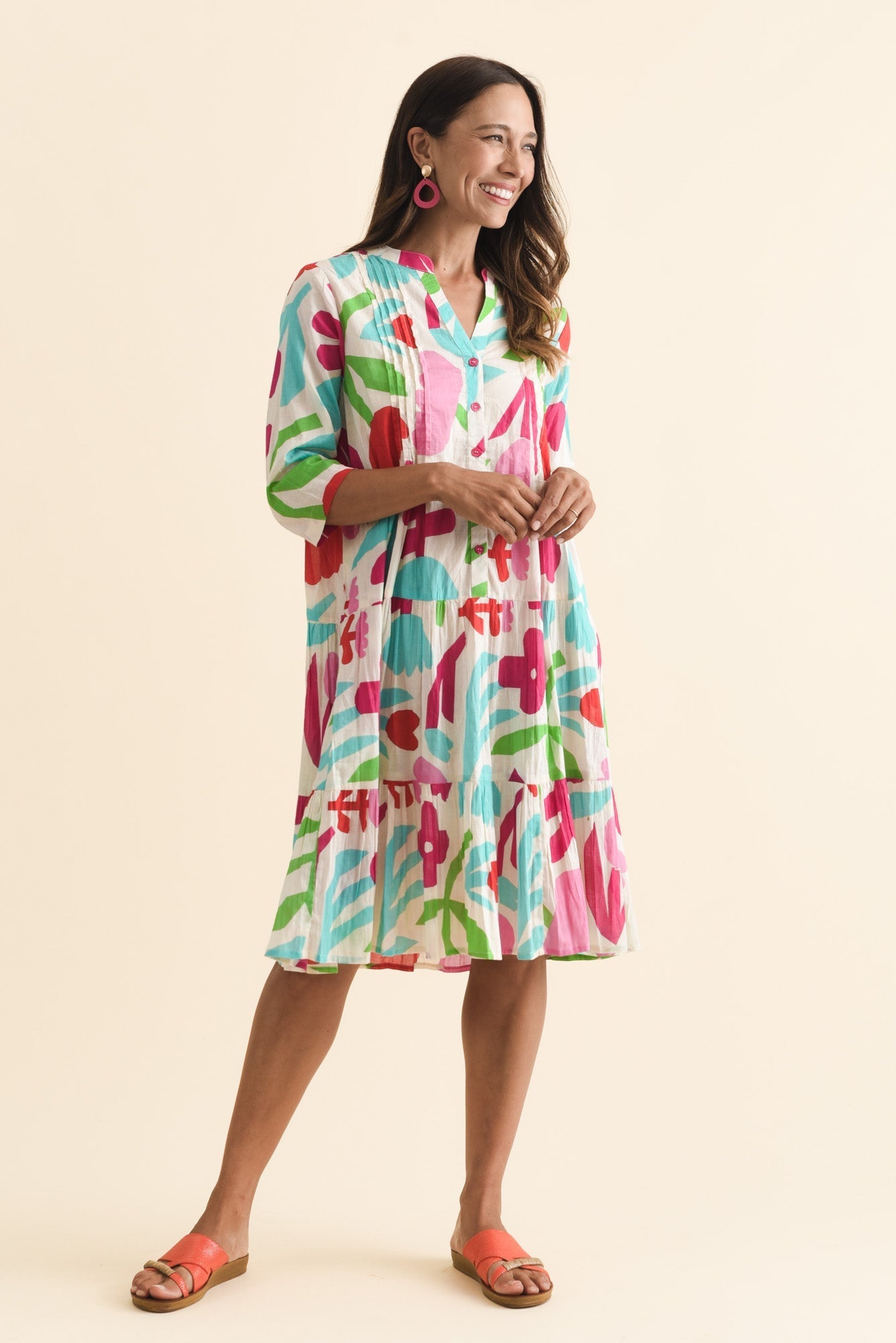 Larissa White Flower Cotton Pleated Dress