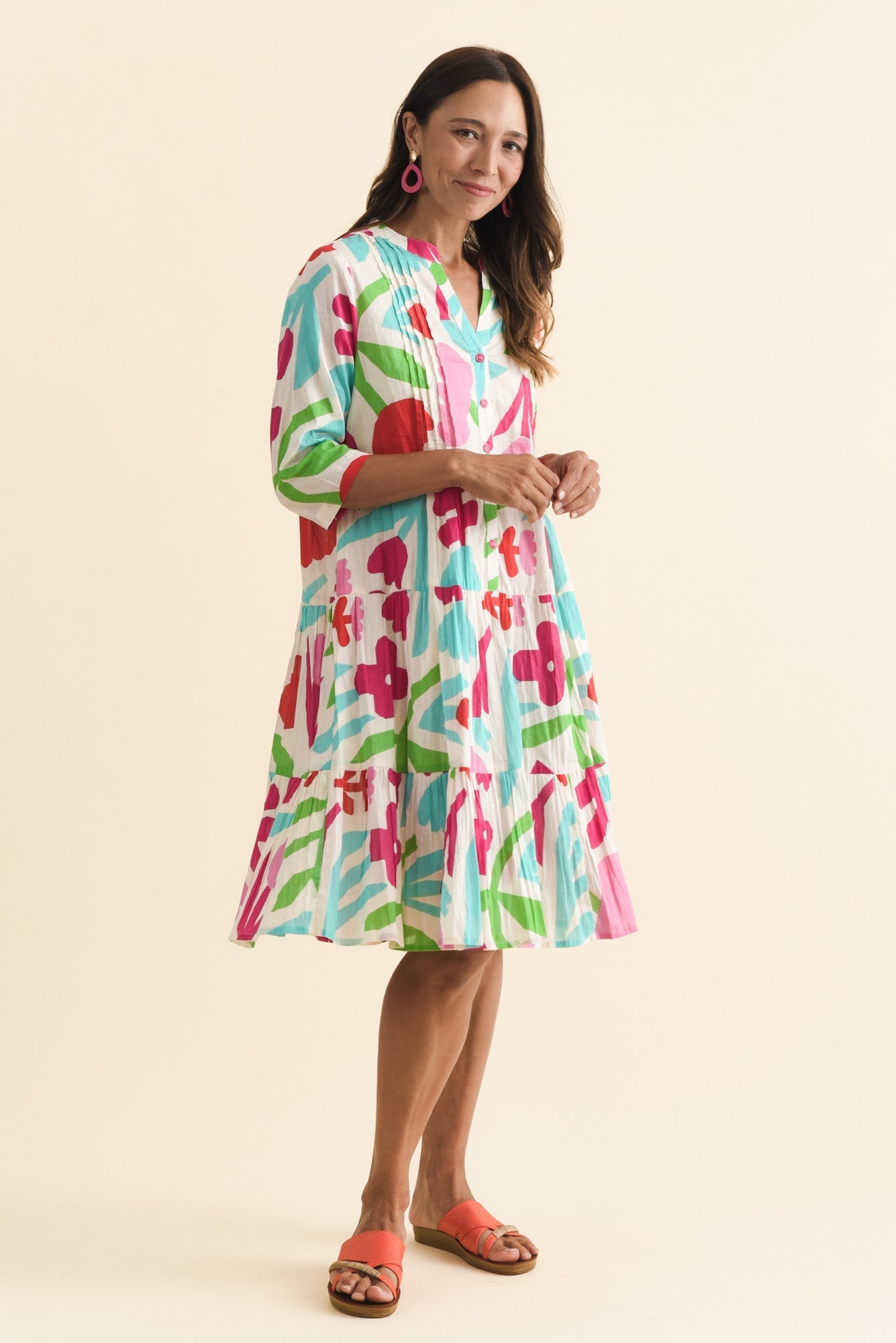 Larissa White Flower Cotton Pleated Dress