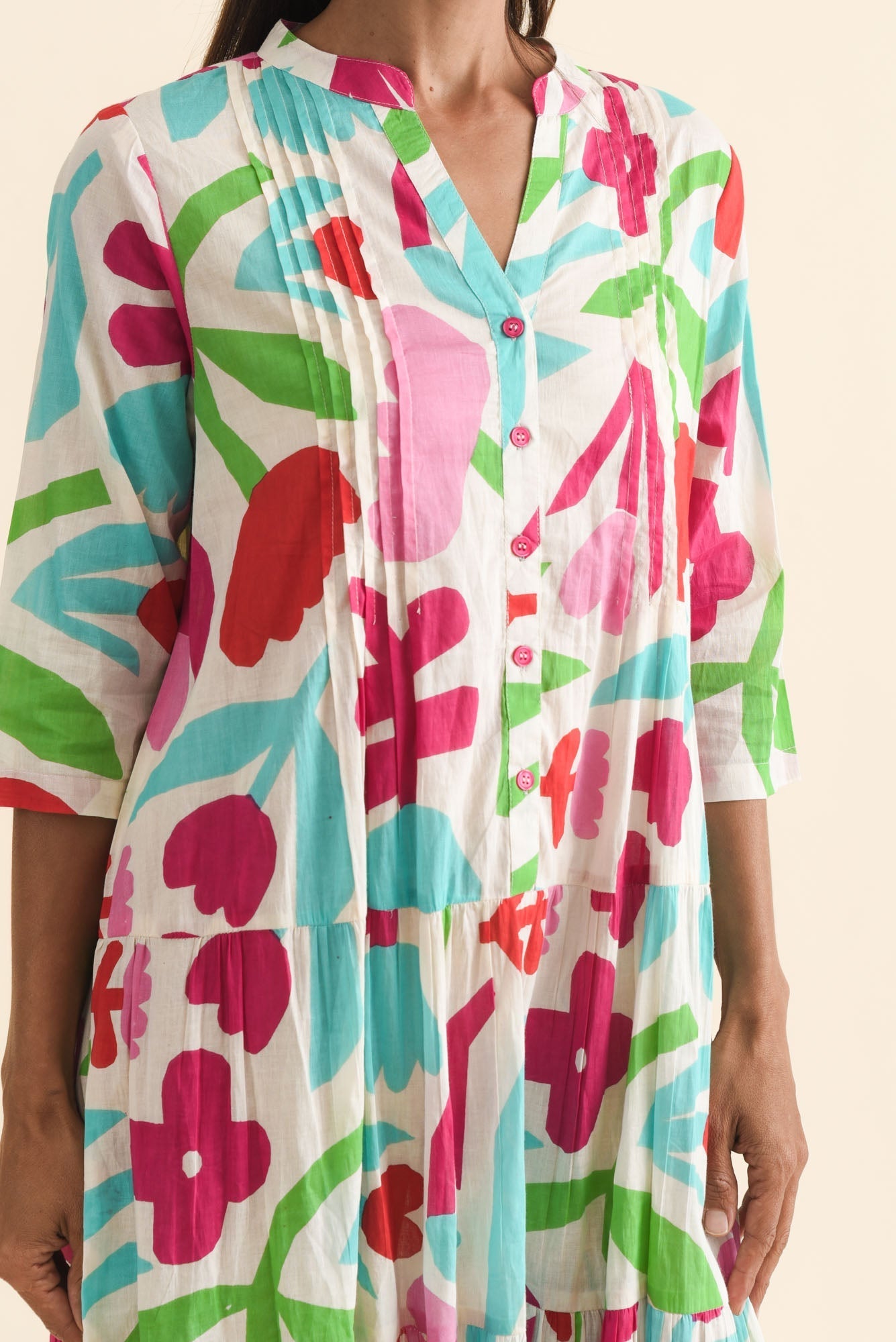 Larissa White Flower Cotton Pleated Dress