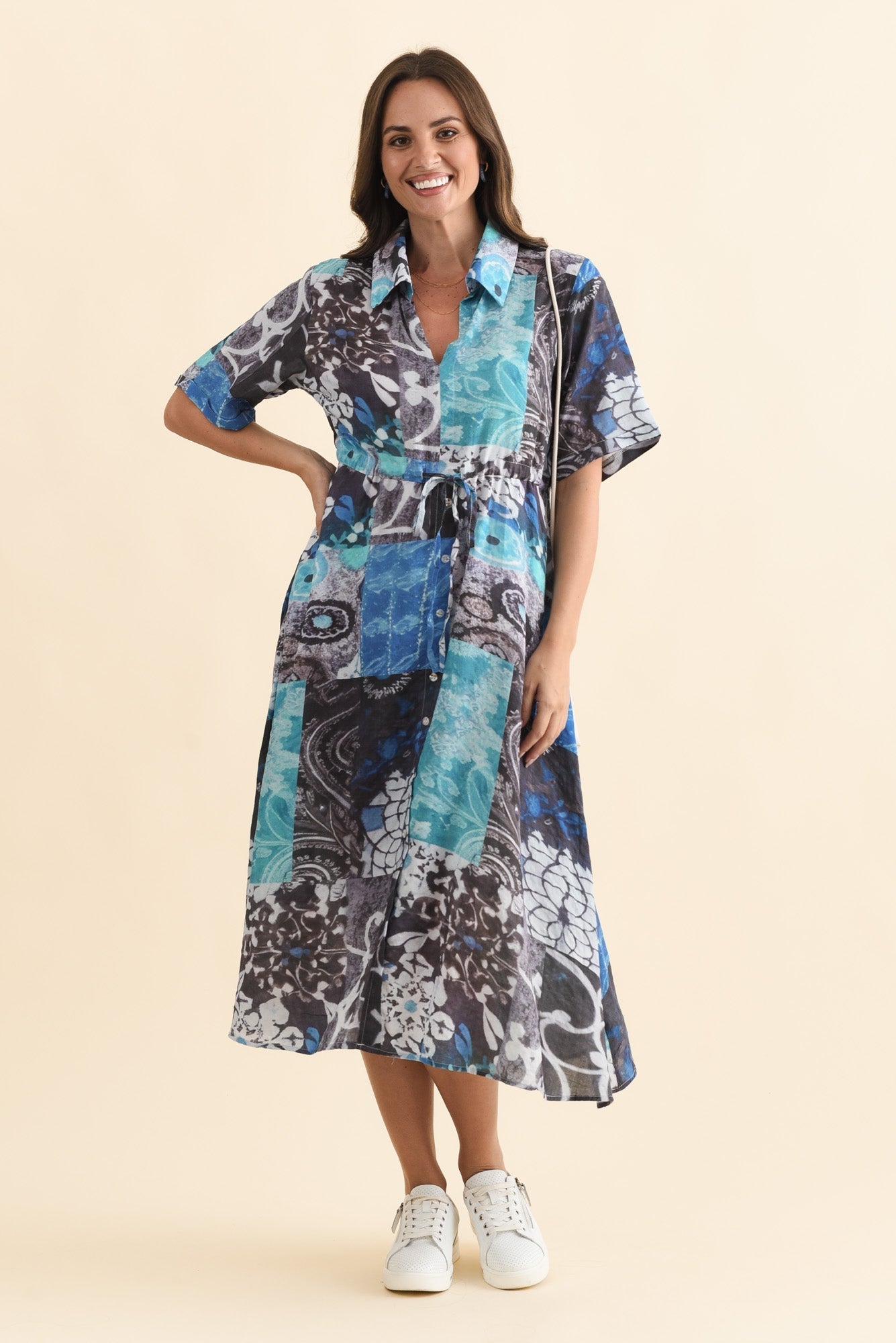 Leigh Blue Patchwork Tie Dress