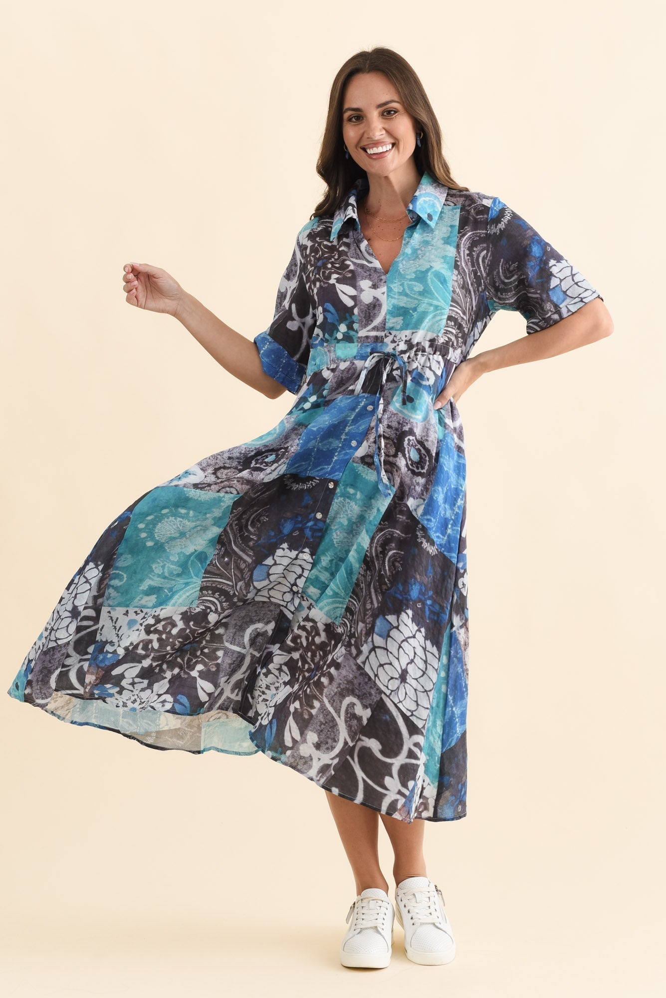 Leigh Blue Patchwork Tie Dress