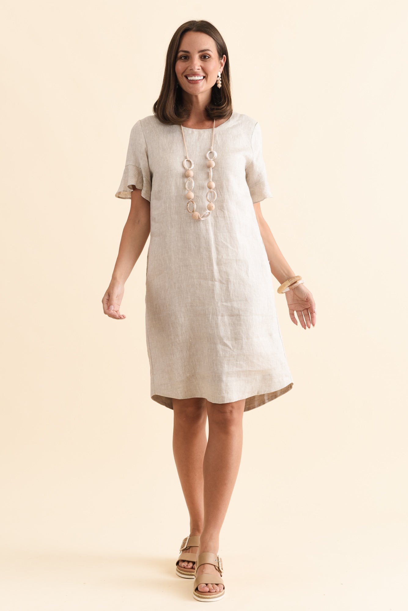 Lesley Beige Linen Flutter Sleeve Dress
