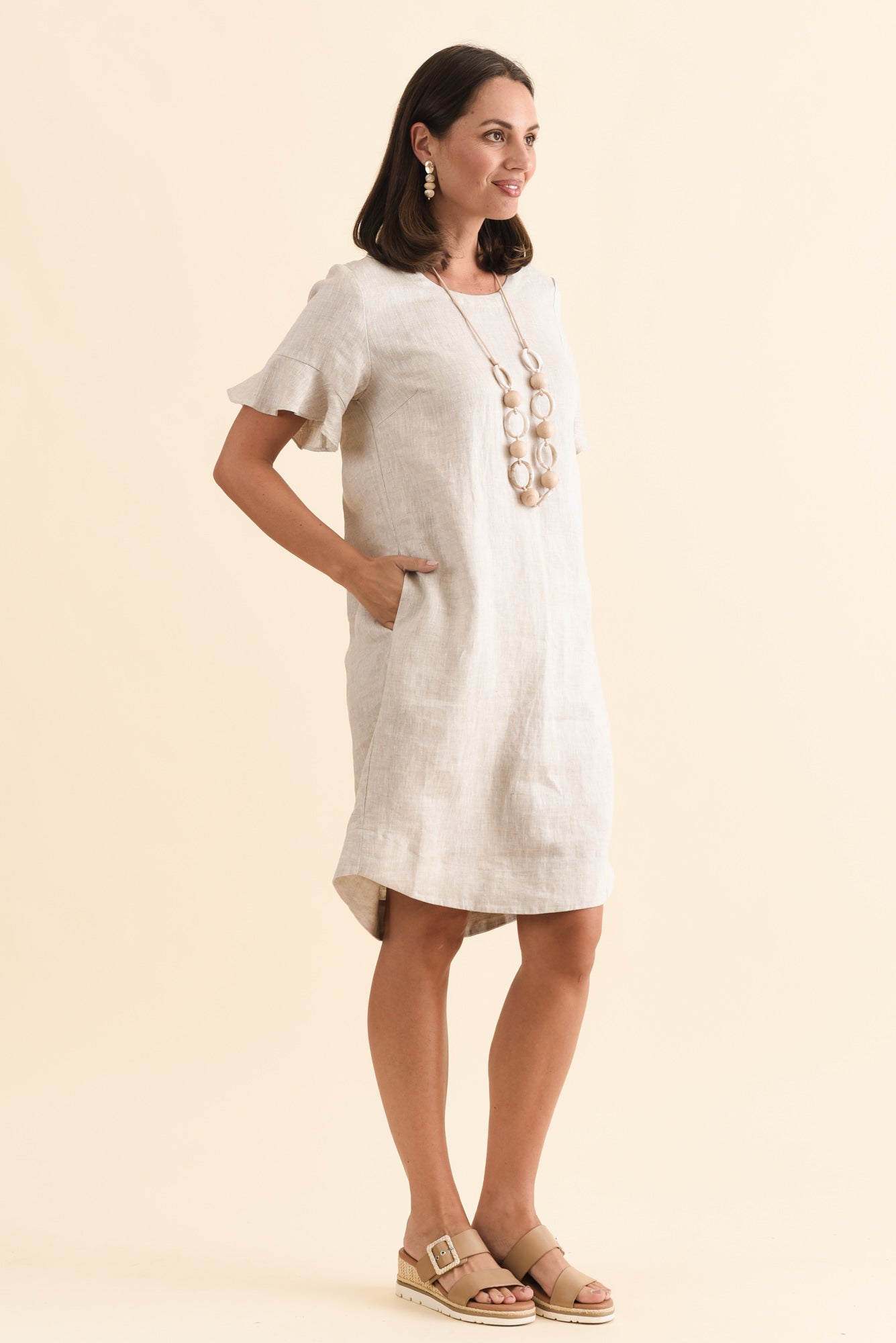 Lesley Beige Linen Flutter Sleeve Dress