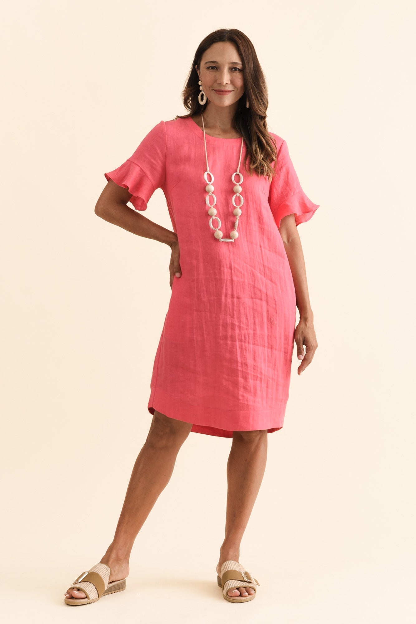 Lesley Melon Linen Flutter Sleeve Dress
