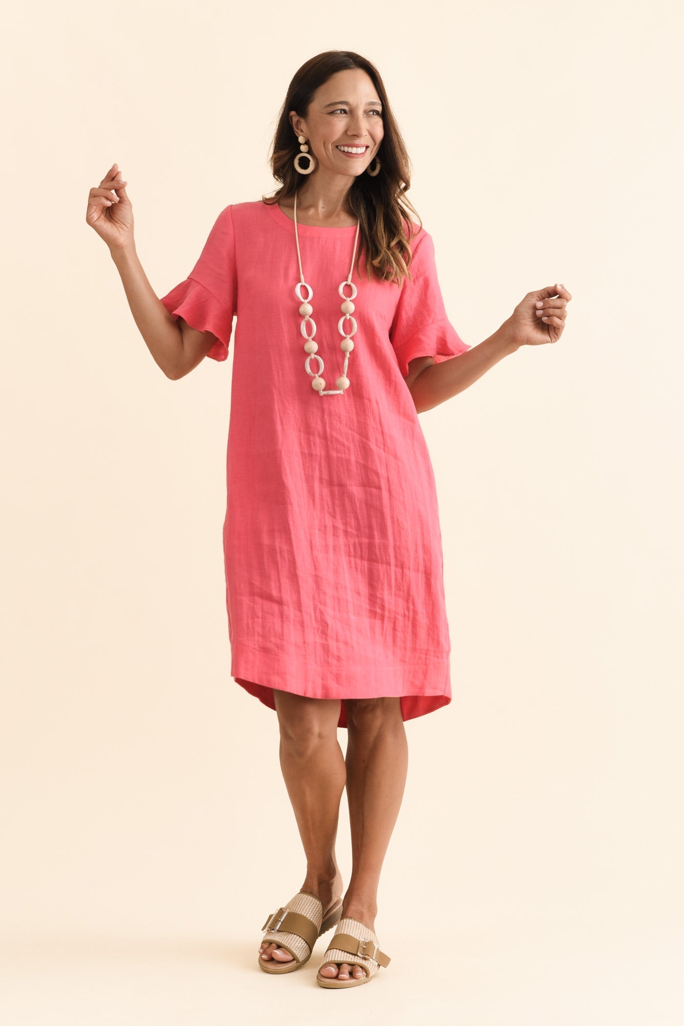Lesley Melon Linen Flutter Sleeve Dress