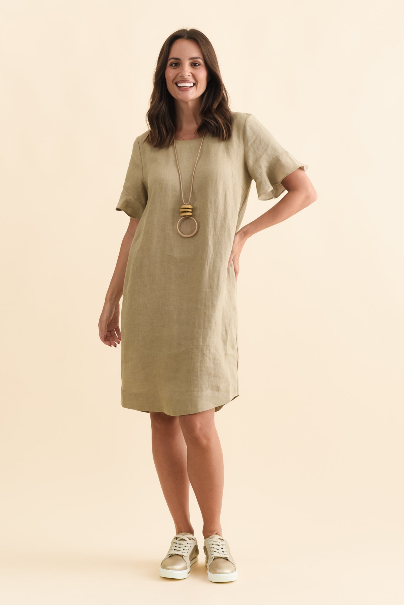 Lesley Taupe Linen Flutter Sleeve Dress