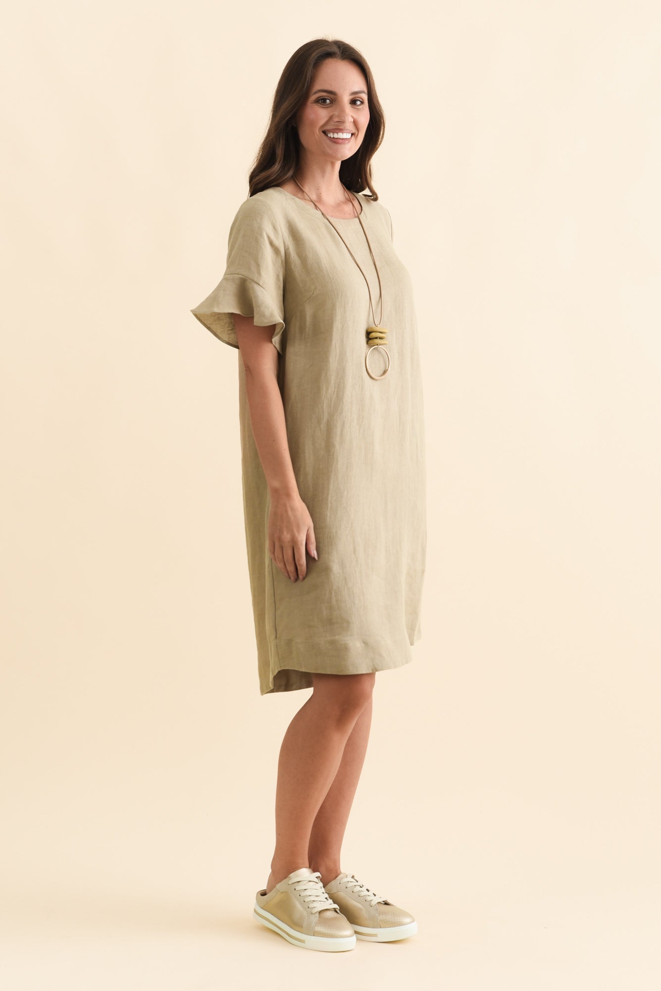 Lesley Taupe Linen Flutter Sleeve Dress