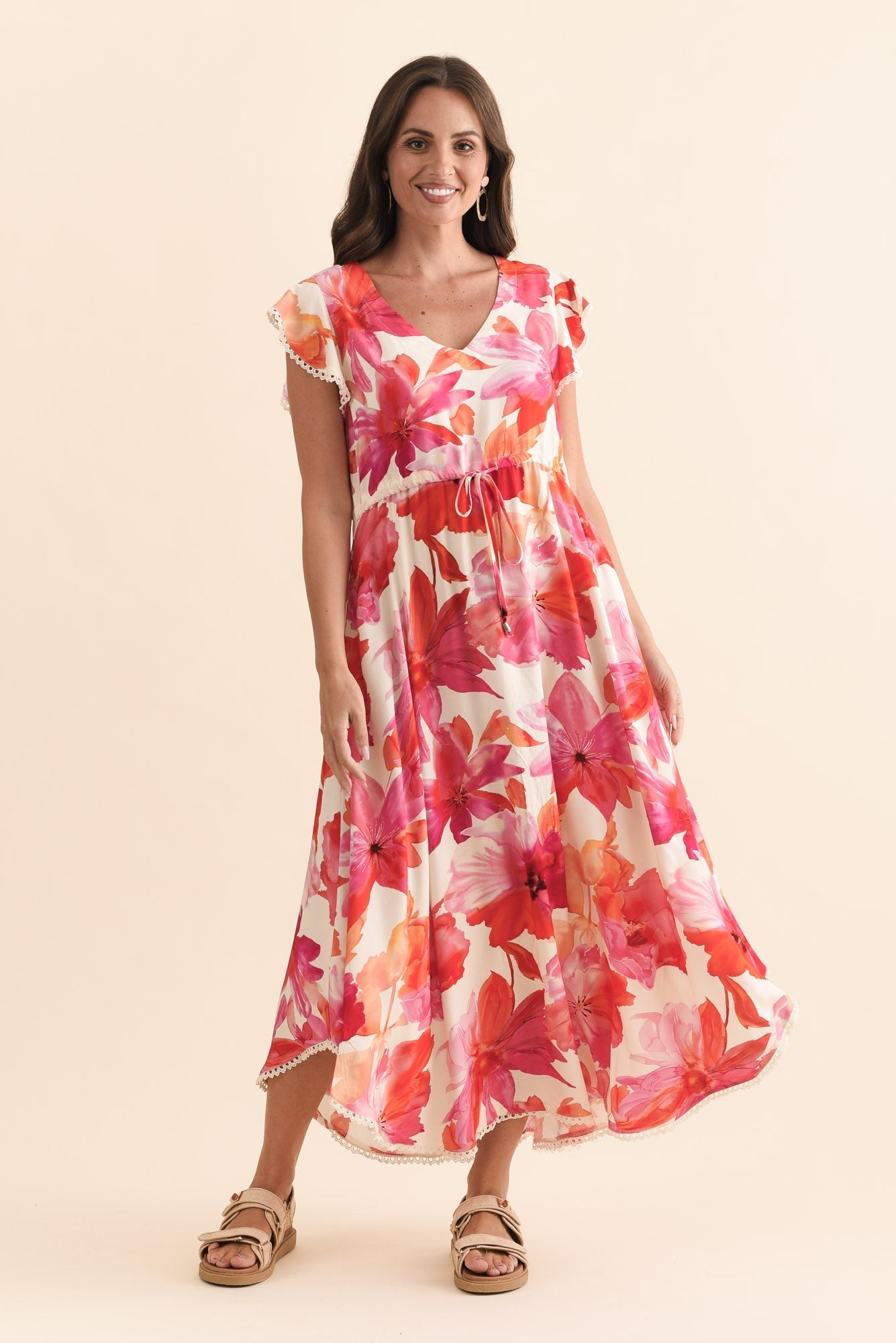 Libby Orange Flower Midi Dress