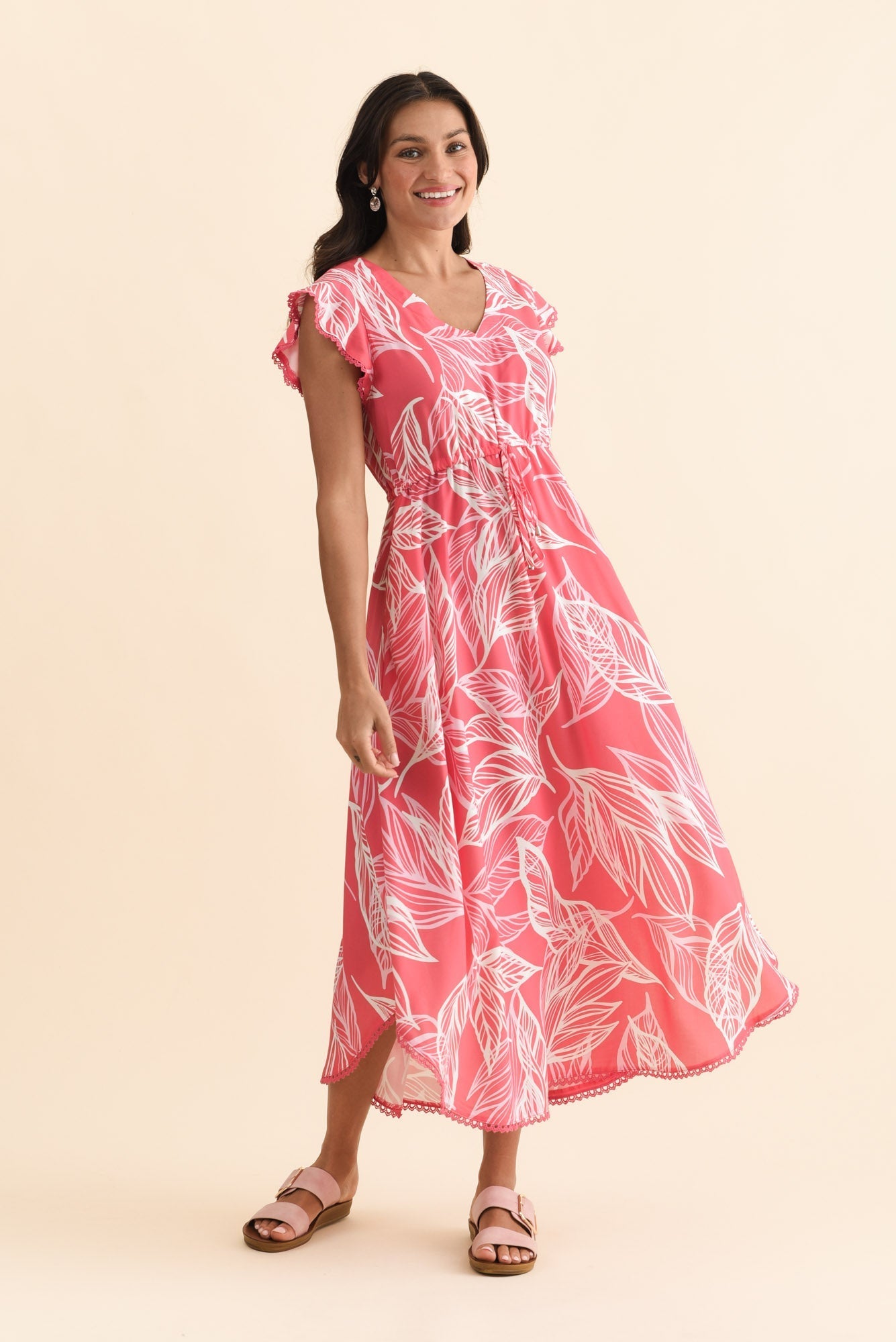 Libby Pink Leaf Midi Dress