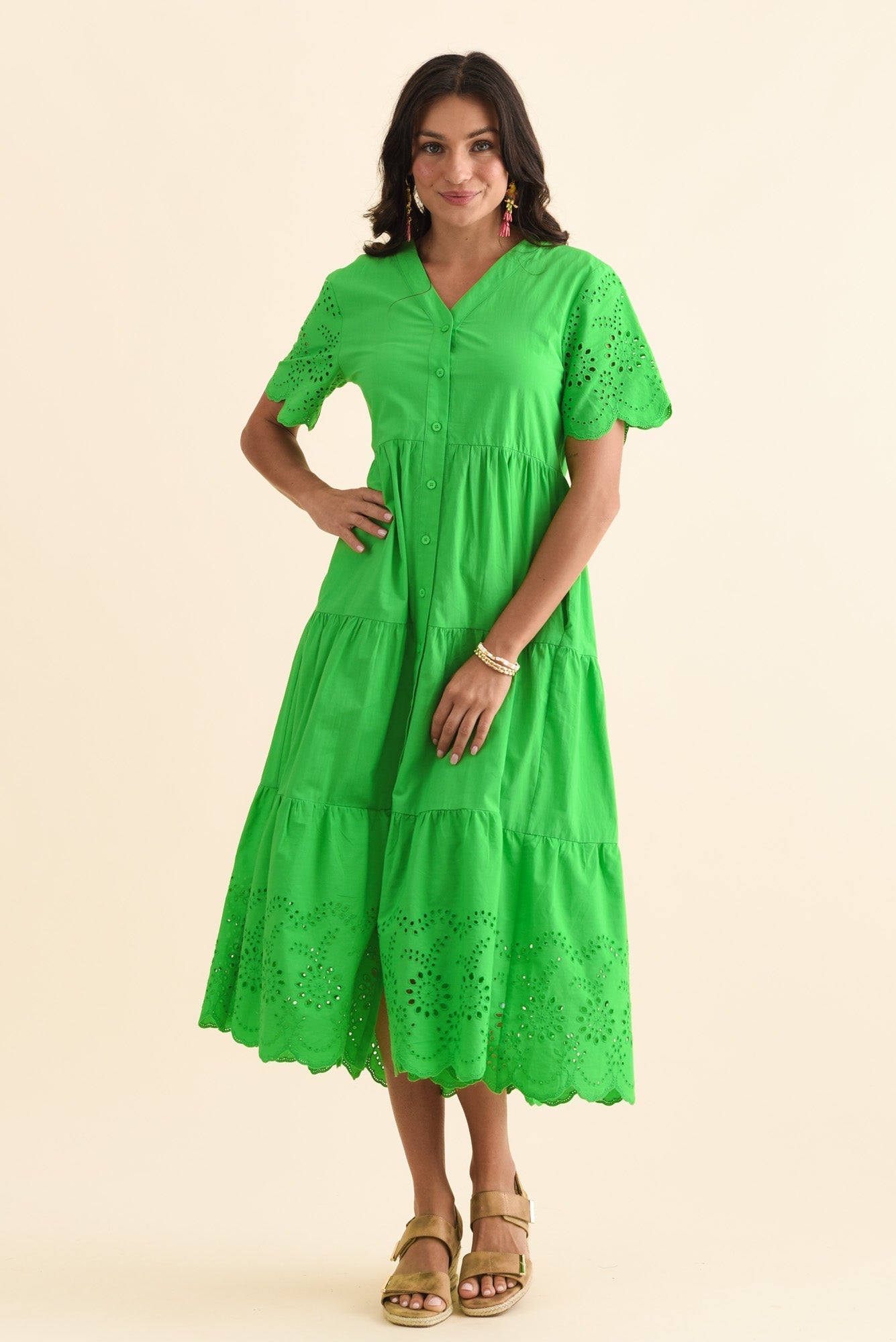 Lilith Green Embroidered Cotton Dress