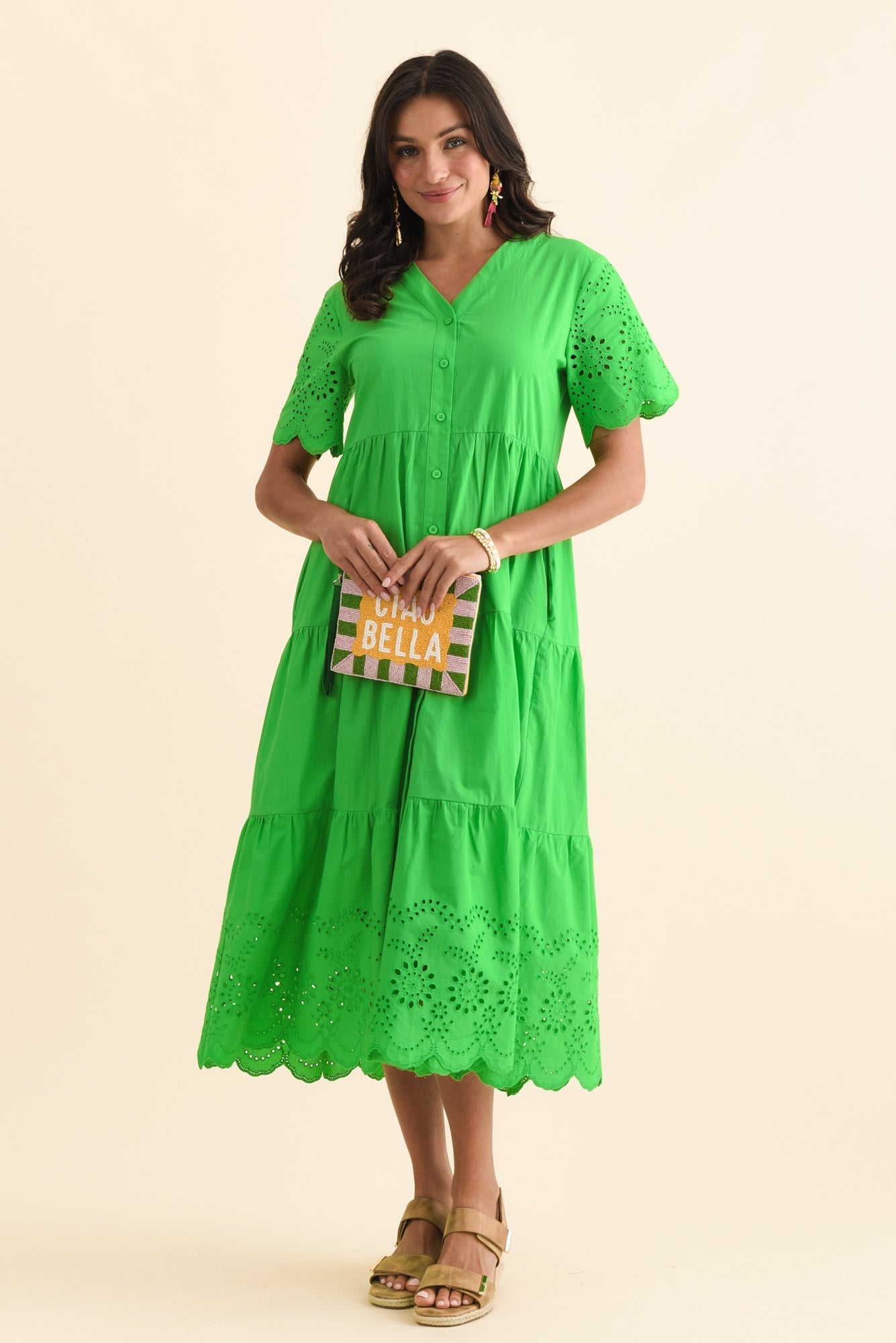 Lilith Green Embroidered Cotton Dress