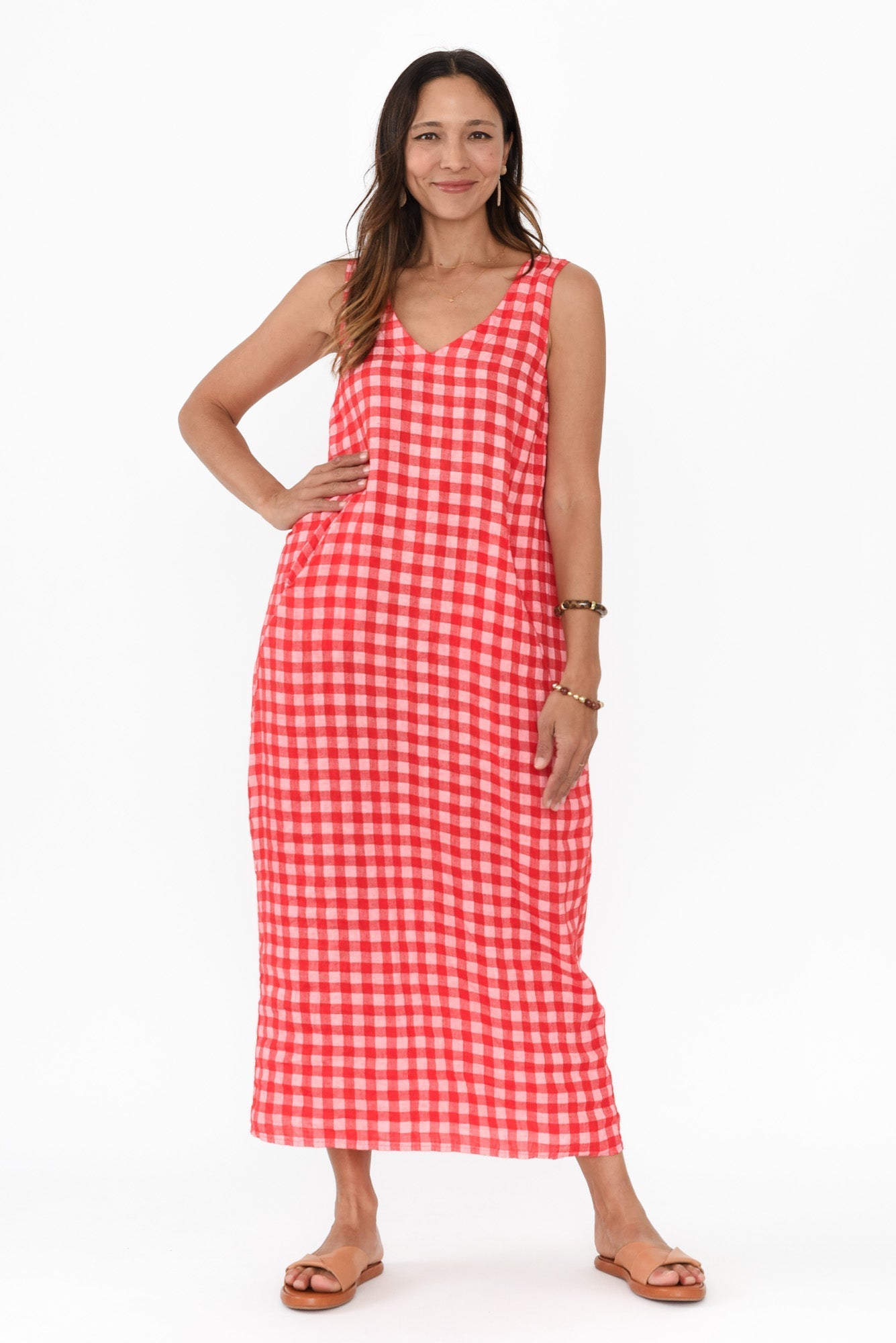 Lisa Red Check Linen Pocket Dress