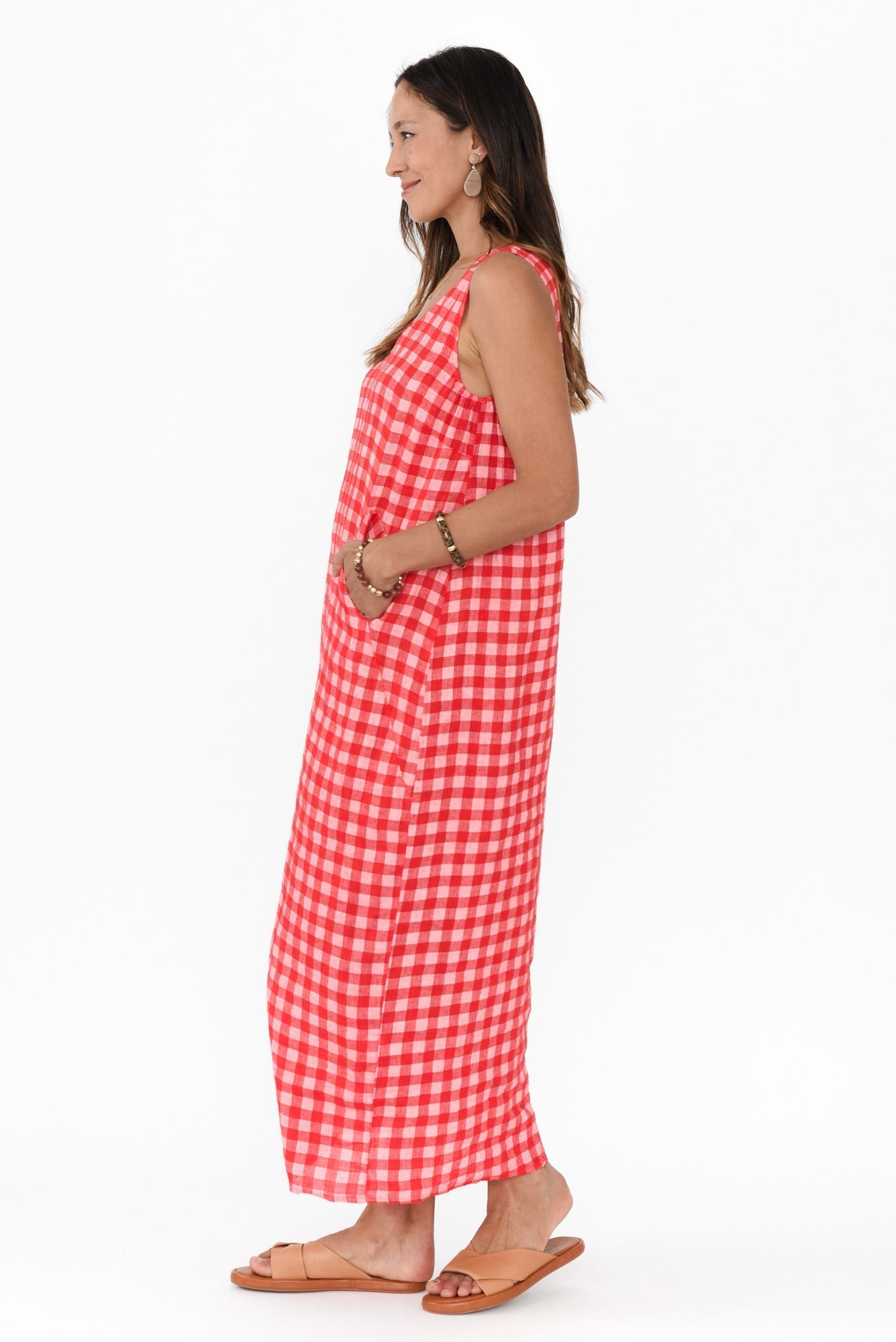 Lisa Red Check Linen Pocket Dress
