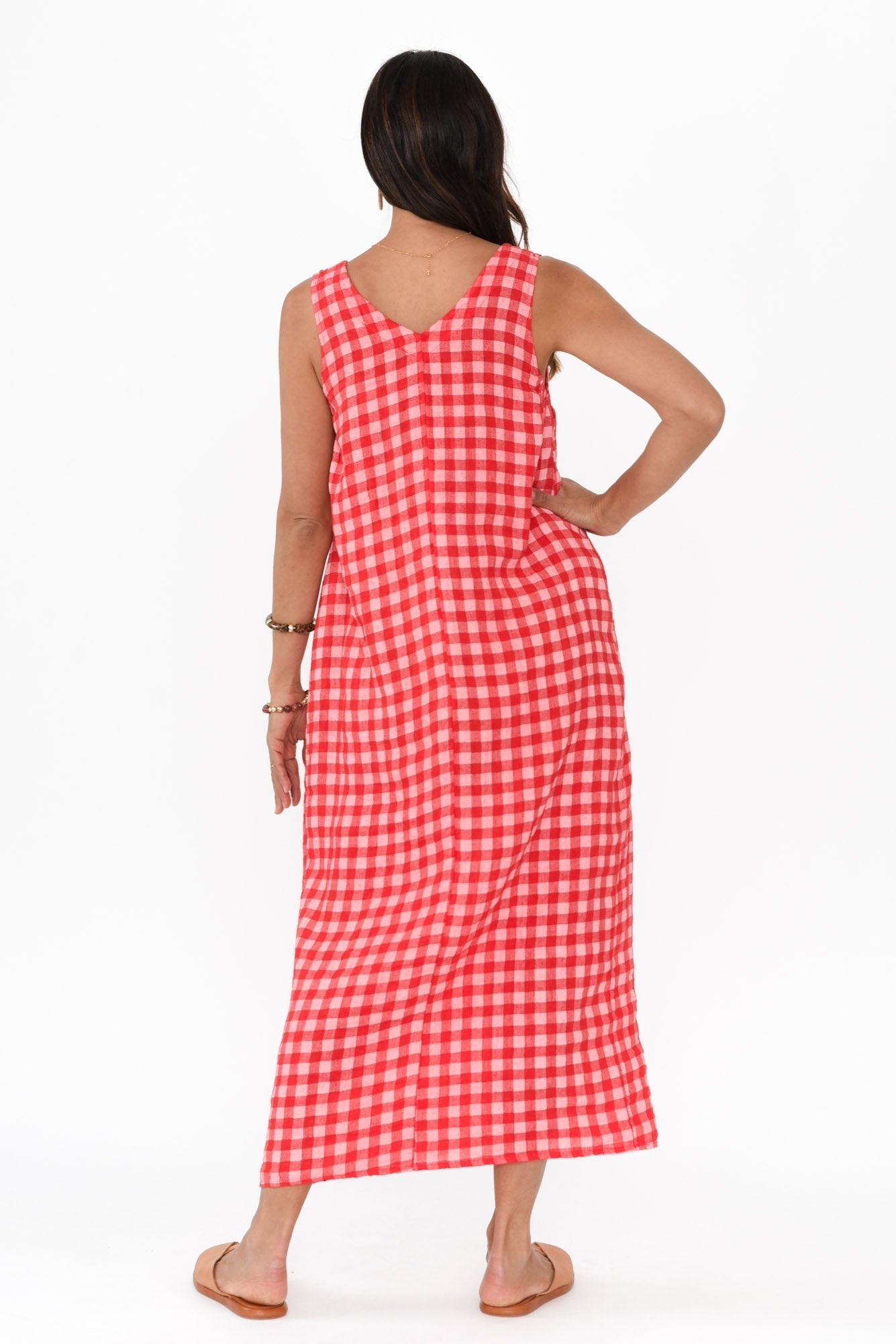Lisa Red Check Linen Pocket Dress
