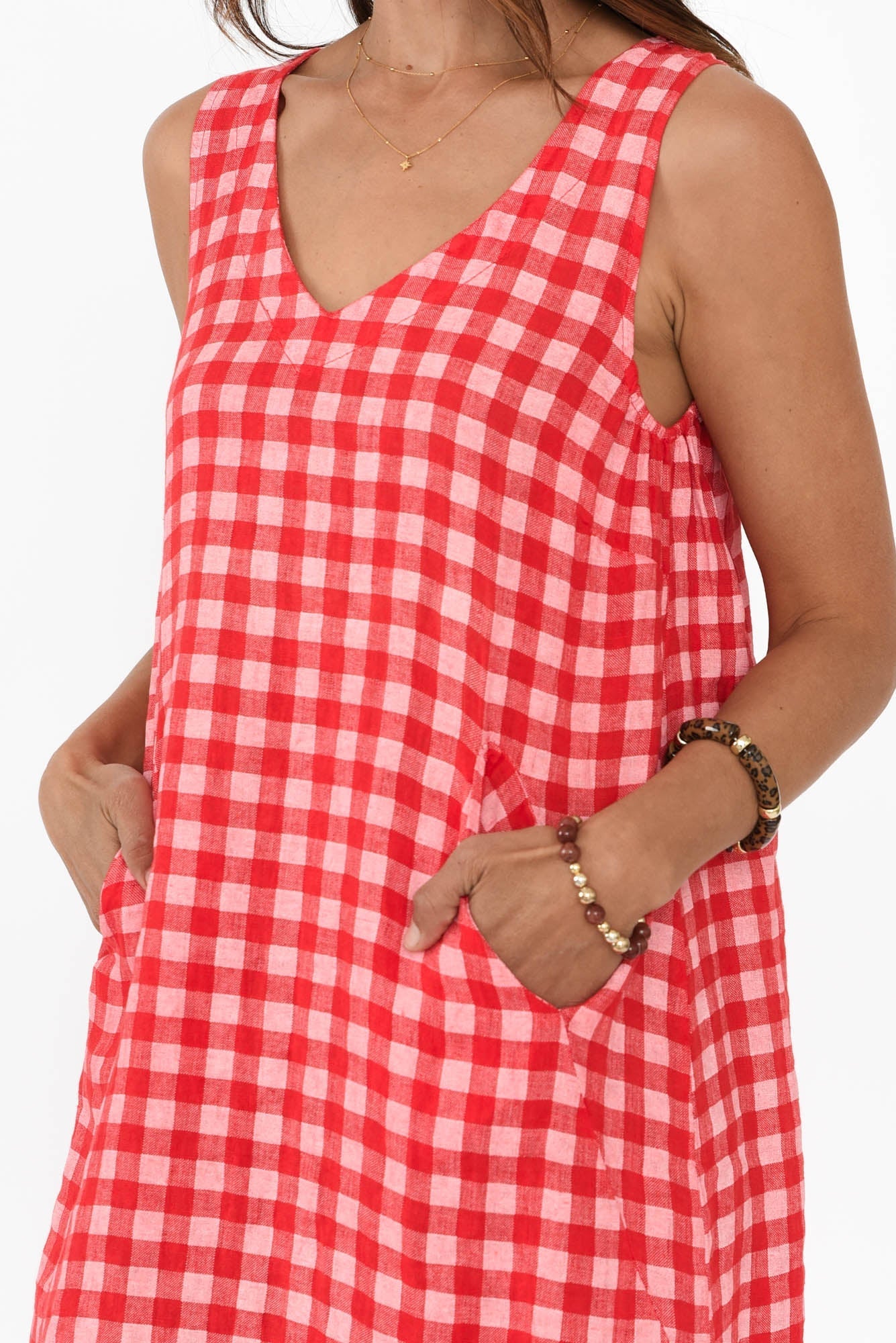 Lisa Red Check Linen Pocket Dress