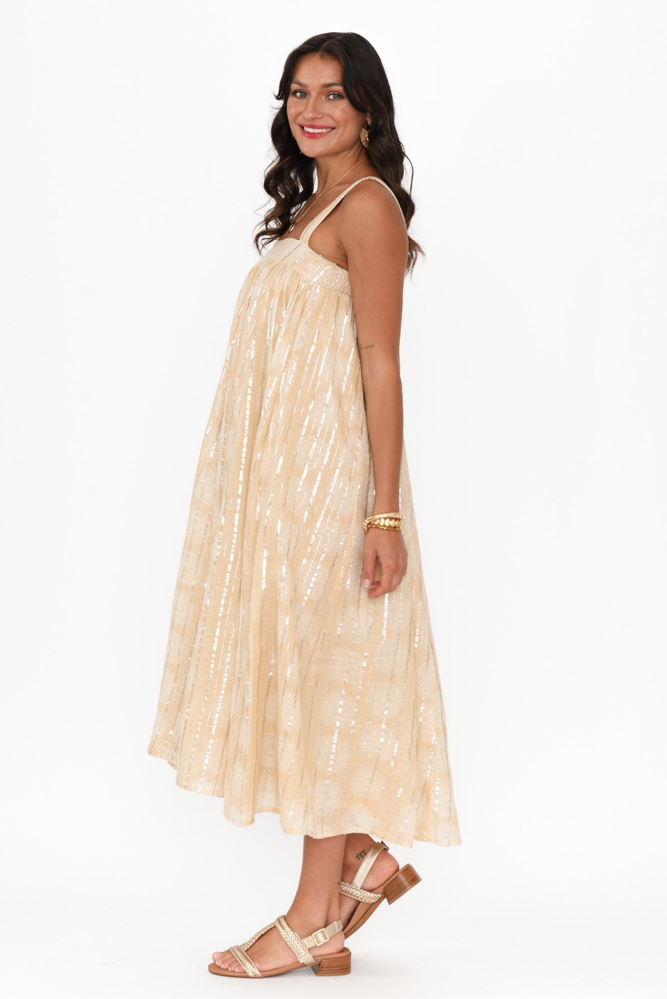 Livvy Beige Stripe Cotton Maxi Dress