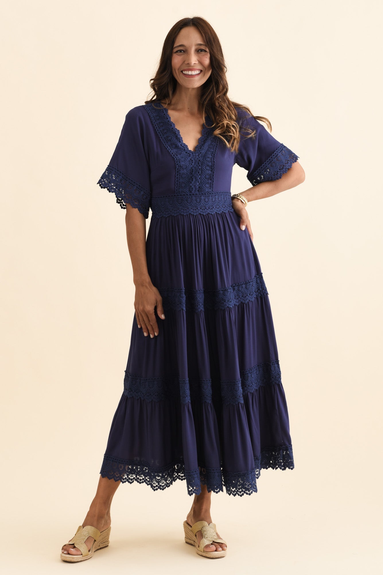 Loris Navy Lace Trim Dress