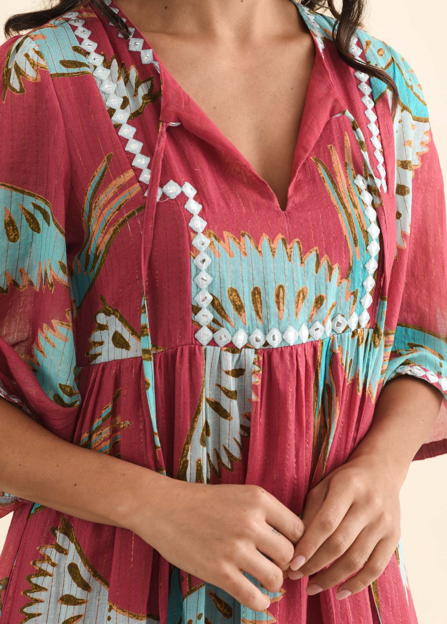 Lorrini Red Bird Cotton Tier Dress