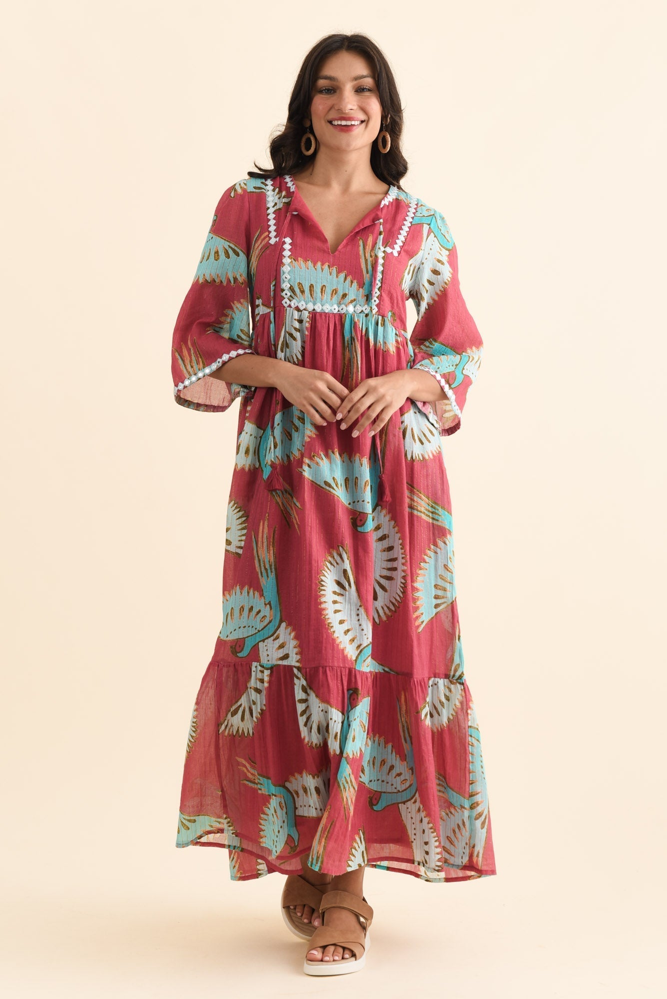 Lorrini Red Bird Cotton Tier Dress