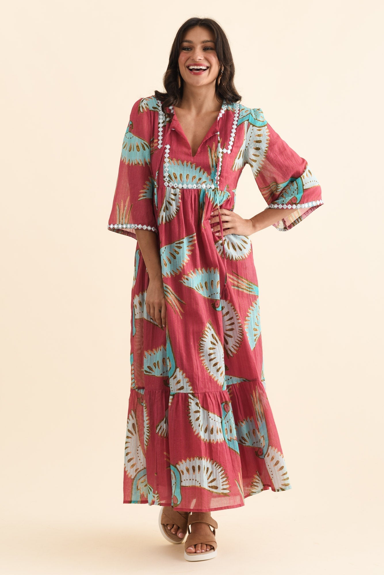 Lorrini Red Bird Cotton Tier Dress
