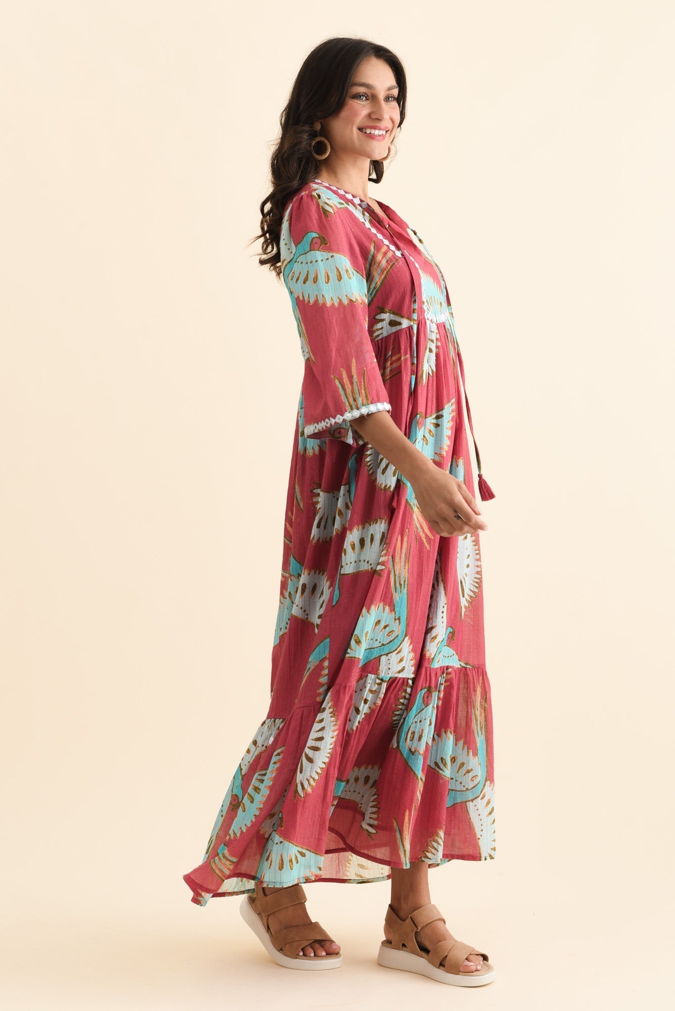 Lorrini Red Bird Cotton Tier Dress