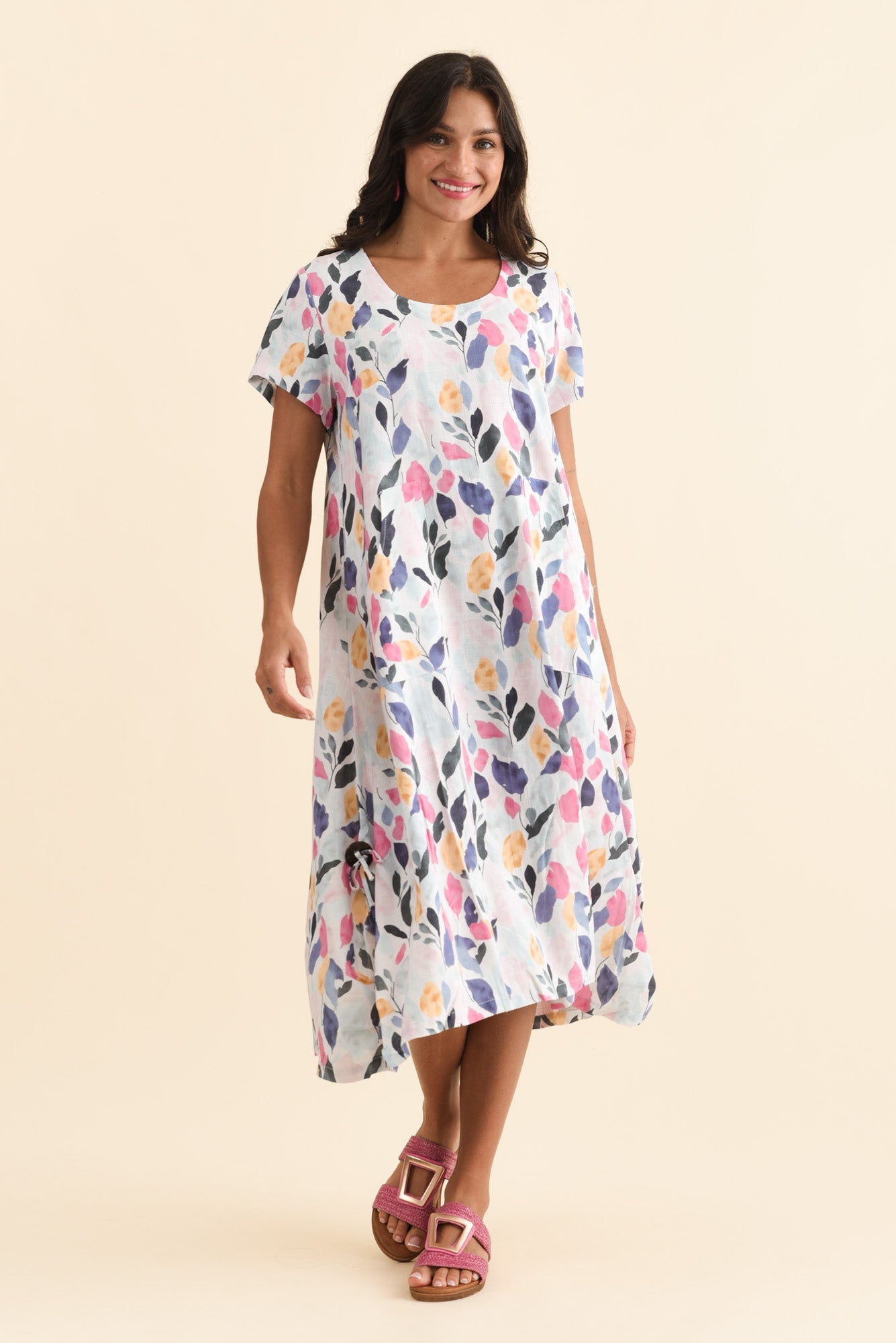 Lula Pink Leaf Linen Cotton Dress