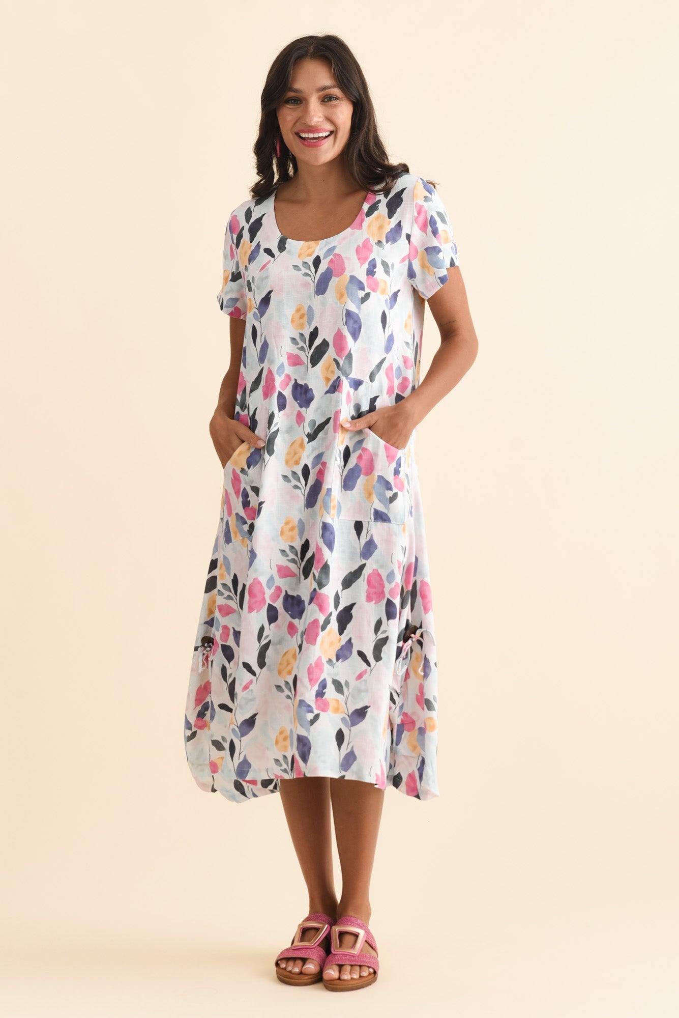 Lula Pink Leaf Linen Cotton Dress