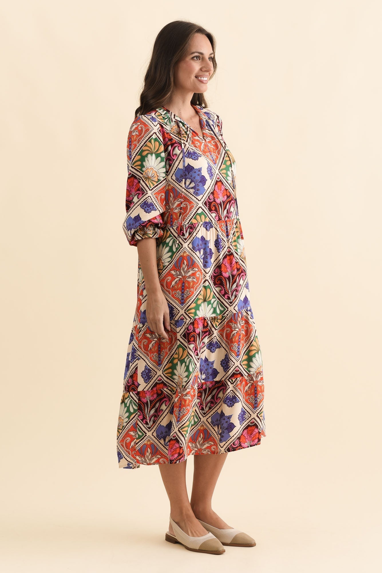 Lyon Orange Tile Sleeved Dress Back View