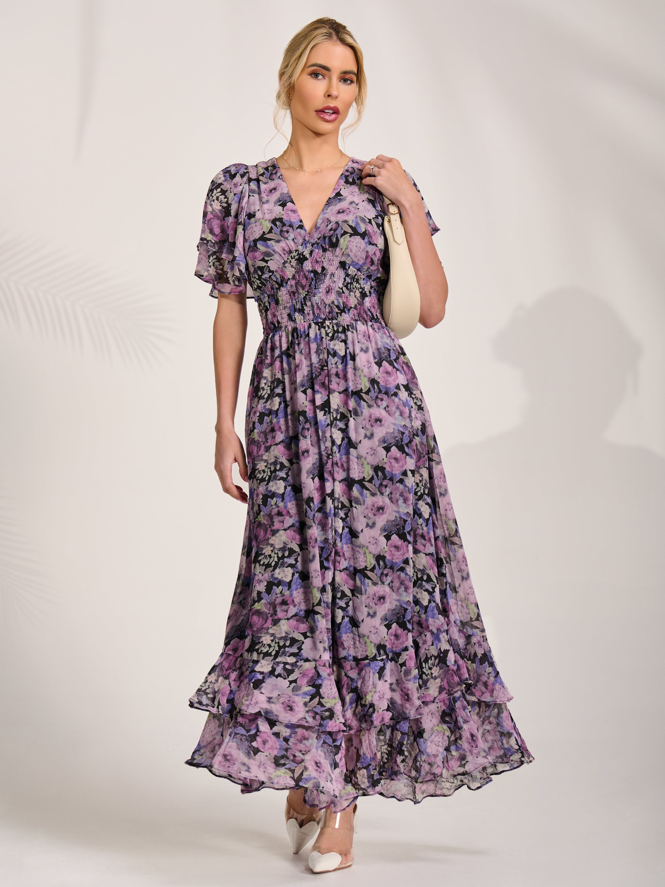 Chiffon Layered Sleeve Ruffle Hem Midaxi Full Length View