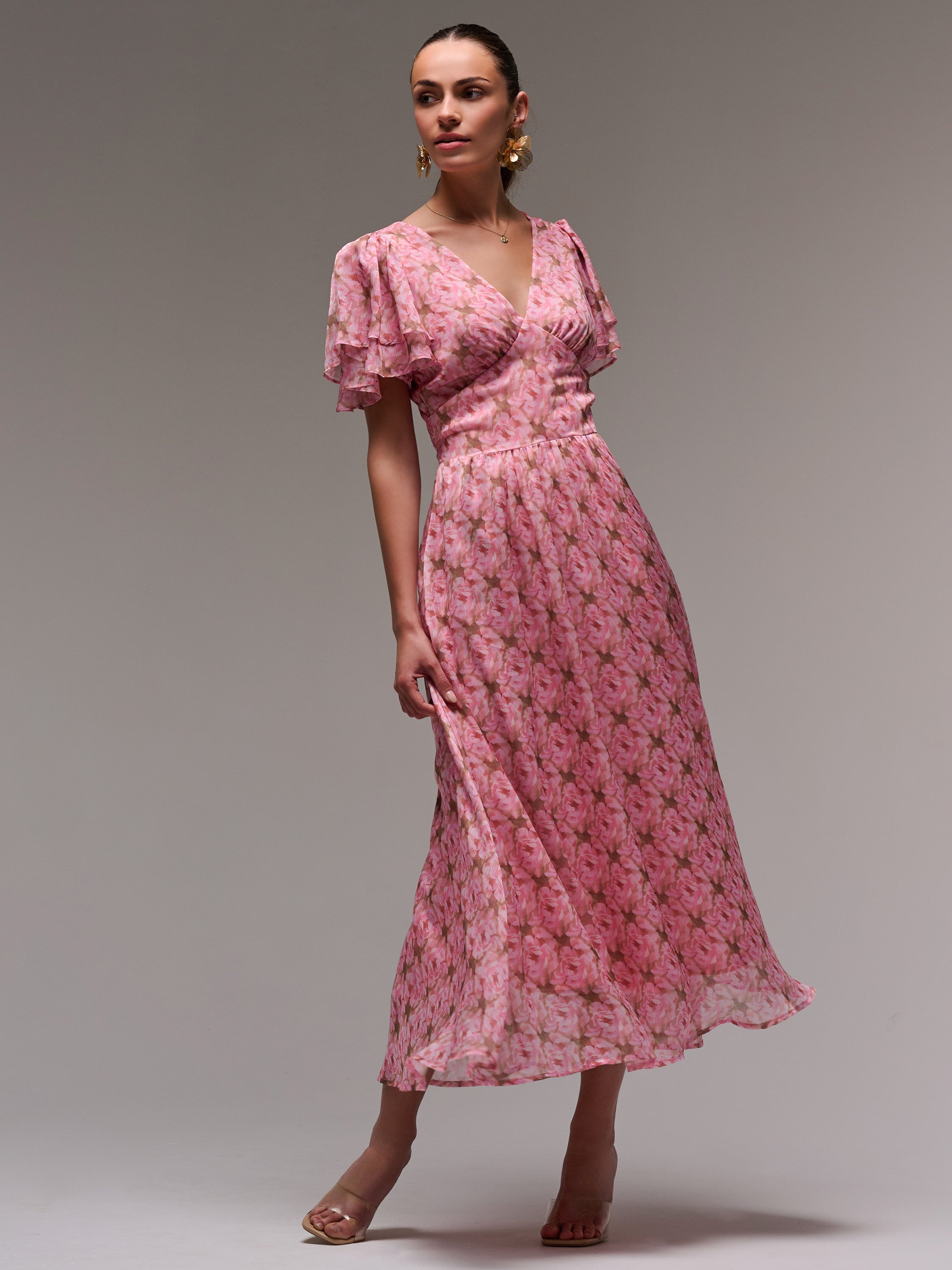 Layered Angel Sleeved Chiffon Maxi Dress Detail View