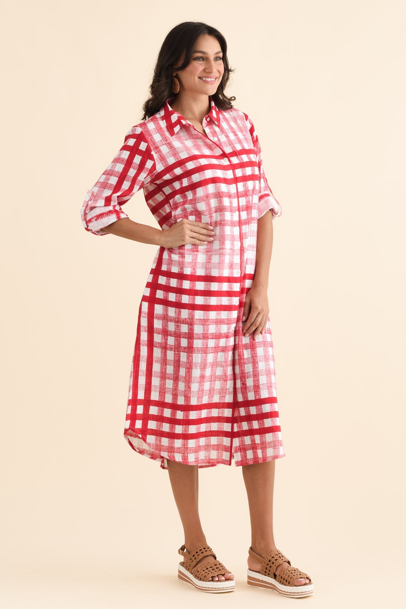 Macaria Red Check Cotton Shirt Dress