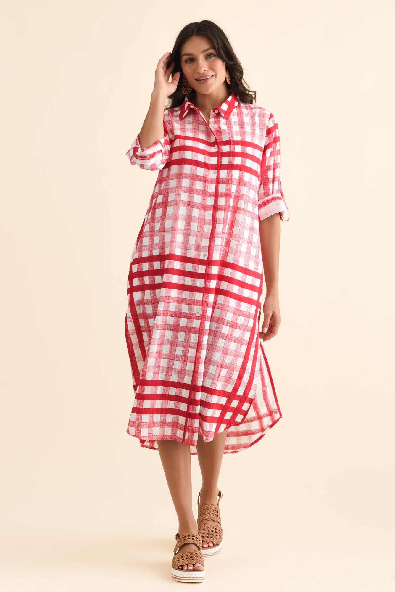 Macaria Red Check Cotton Shirt Dress