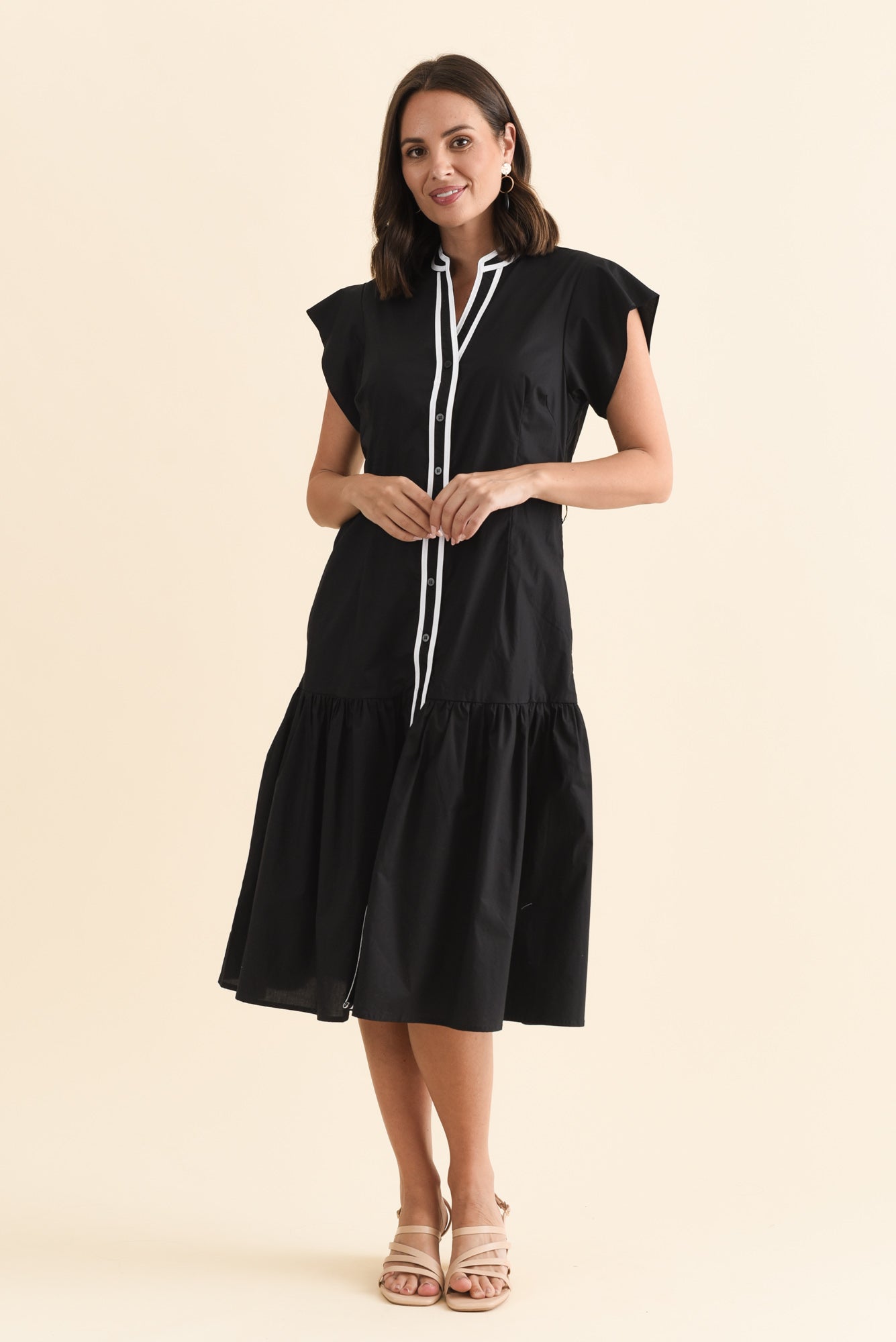 Mari Black Contrast Cotton Tie Dress