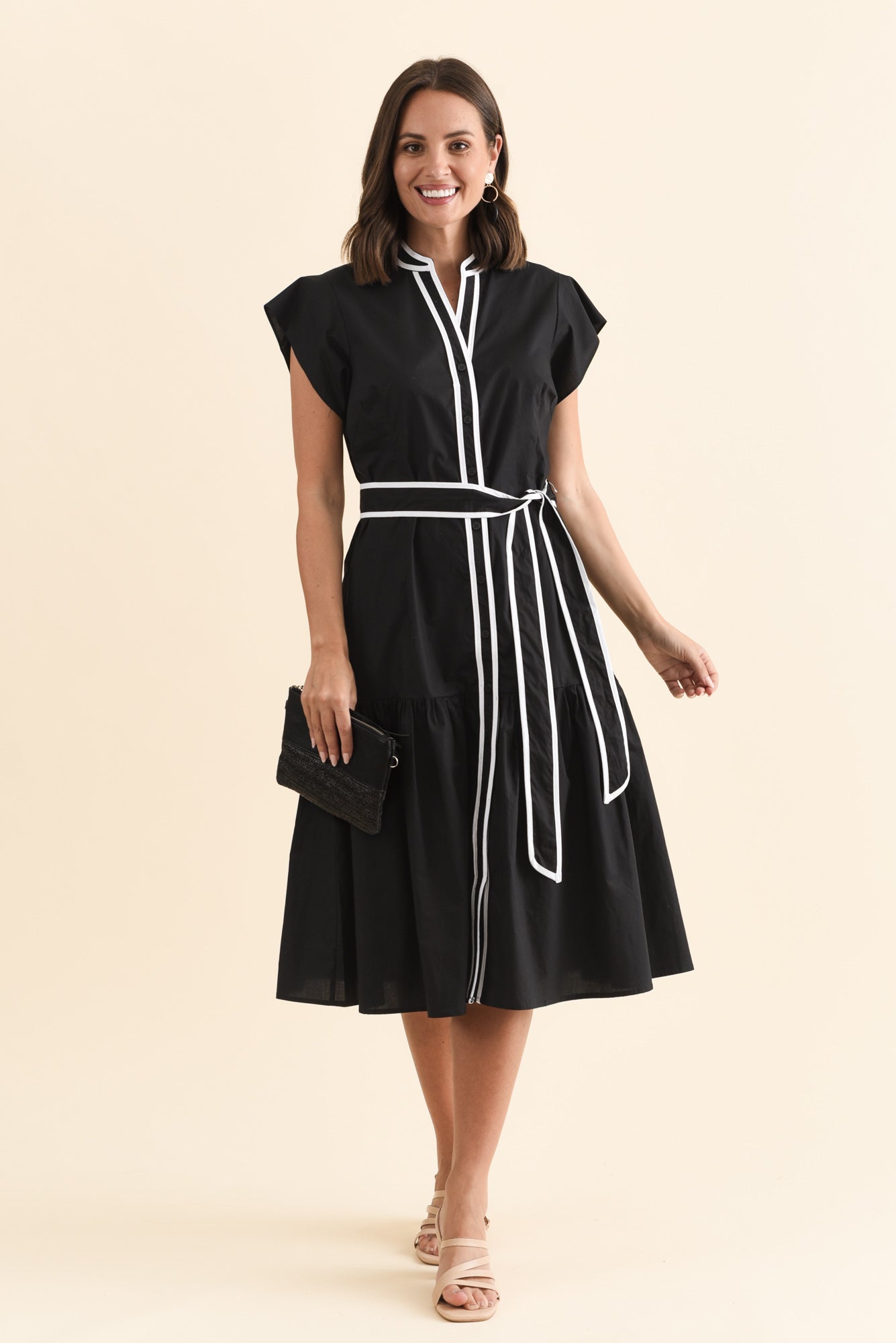 Mari Black Contrast Cotton Tie Dress