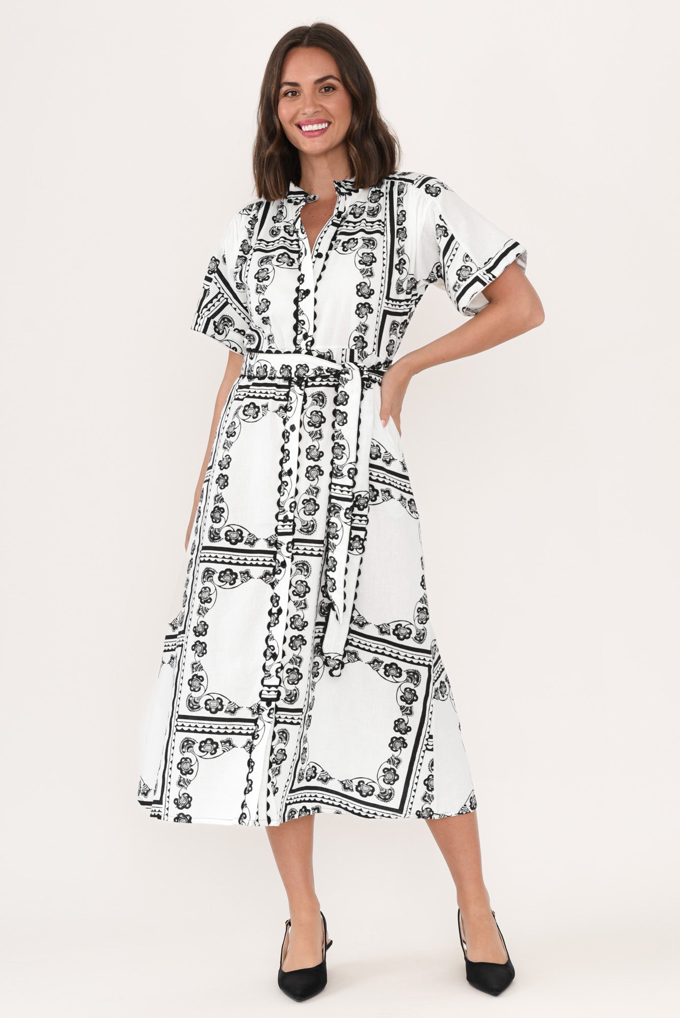 Marilyn White Tile Cotton Tie Dress