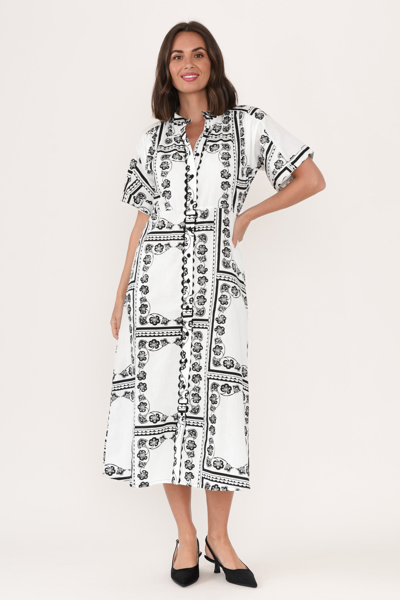 Marilyn White Tile Cotton Tie Dress