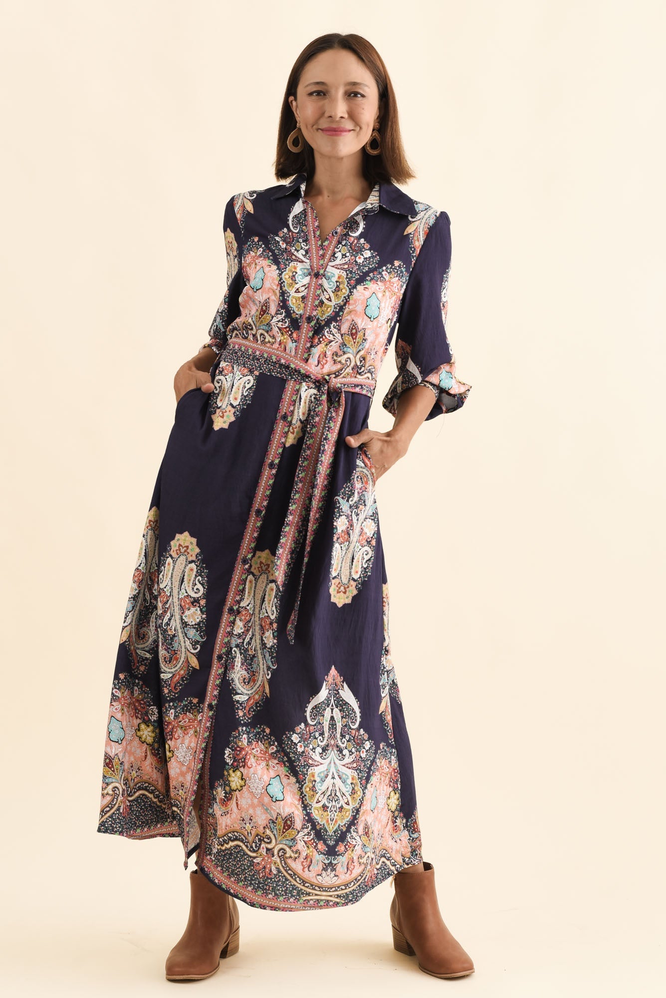 Marina Navy Mosaic Linen Cotton Dress
