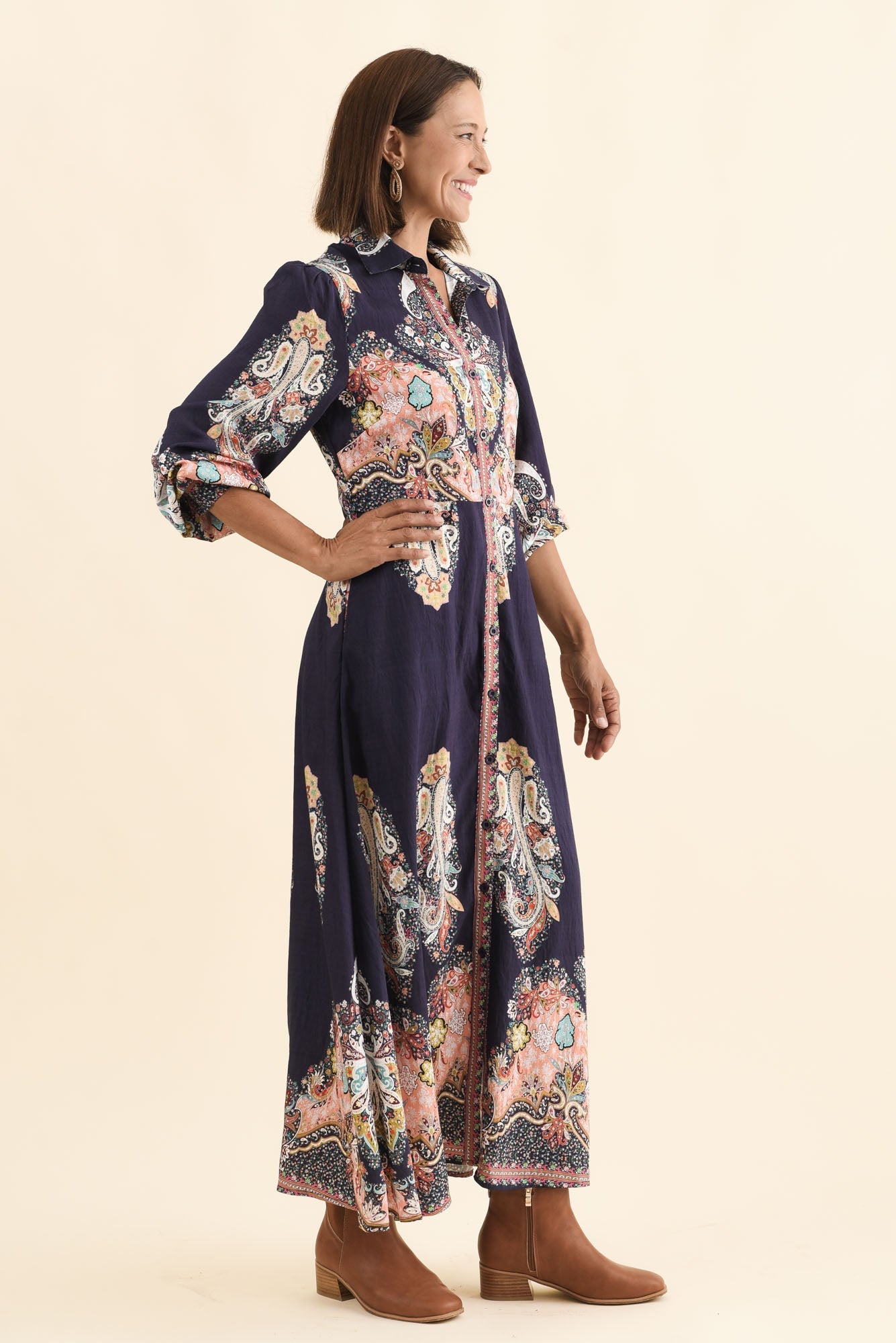 Marina Navy Mosaic Linen Cotton Dress