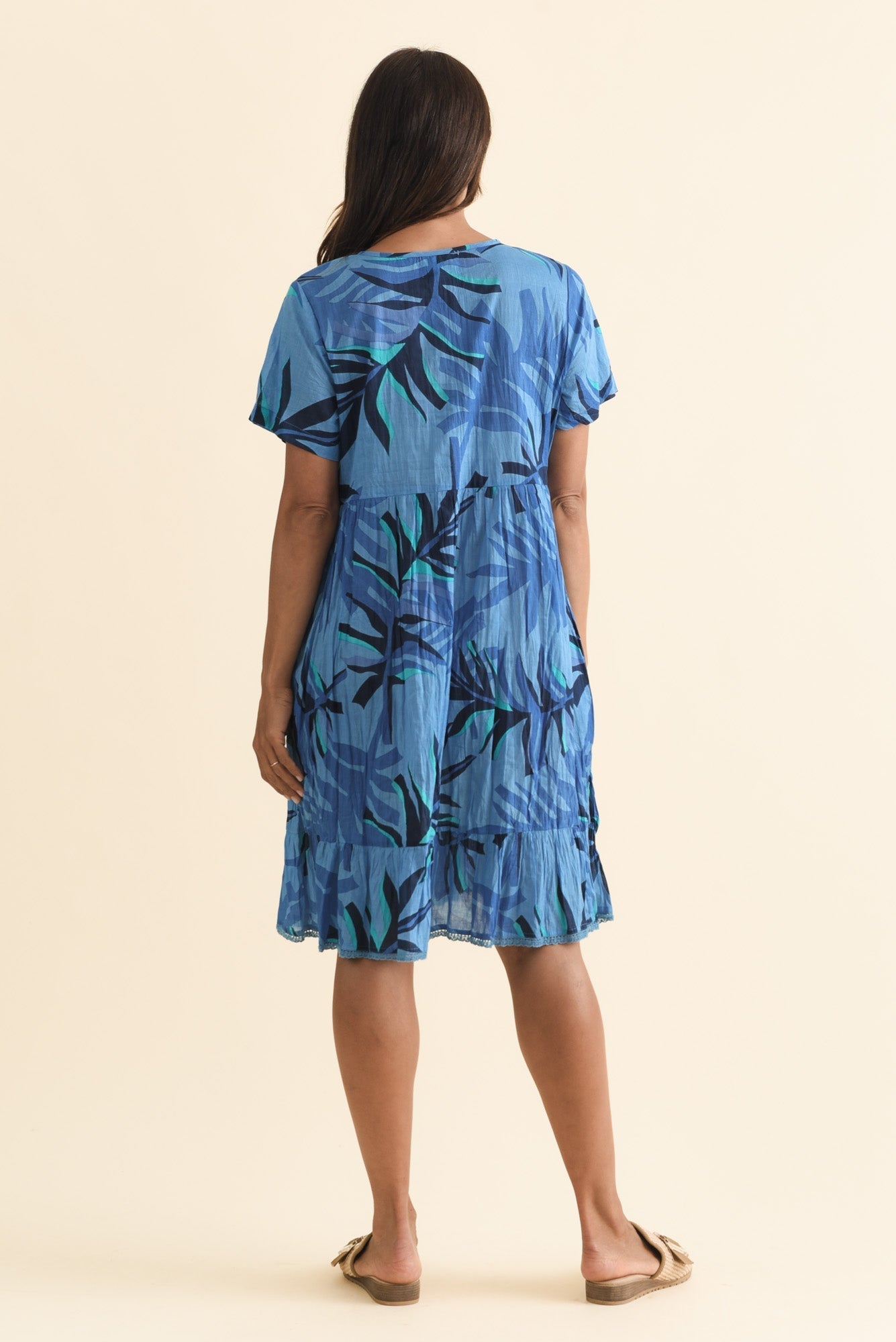 Marisol Blue Leaf Crinkle Cotton Dress
