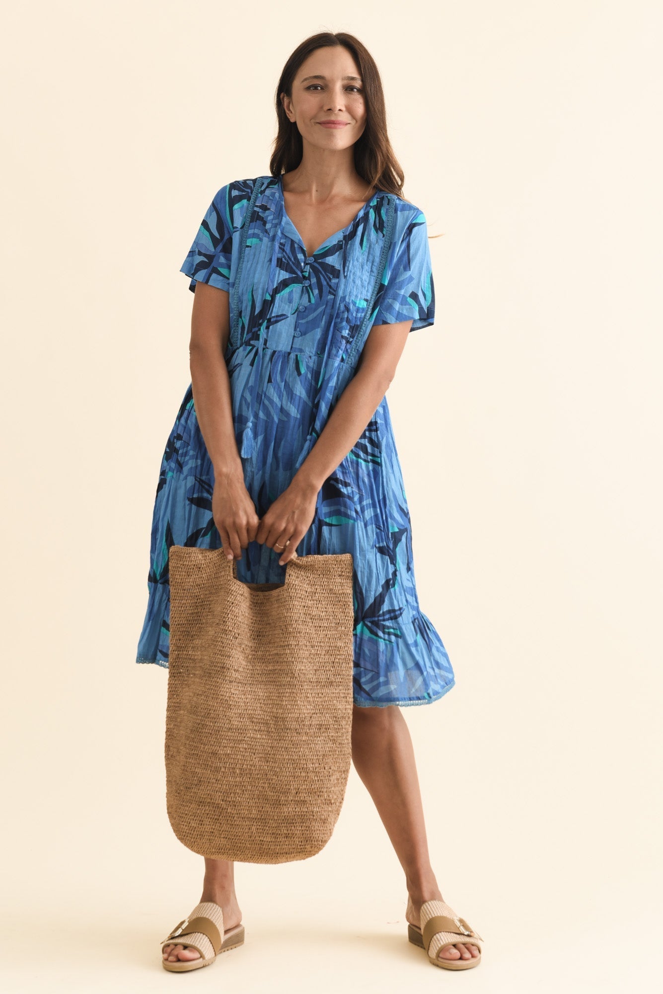 Marisol Blue Leaf Crinkle Cotton Dress